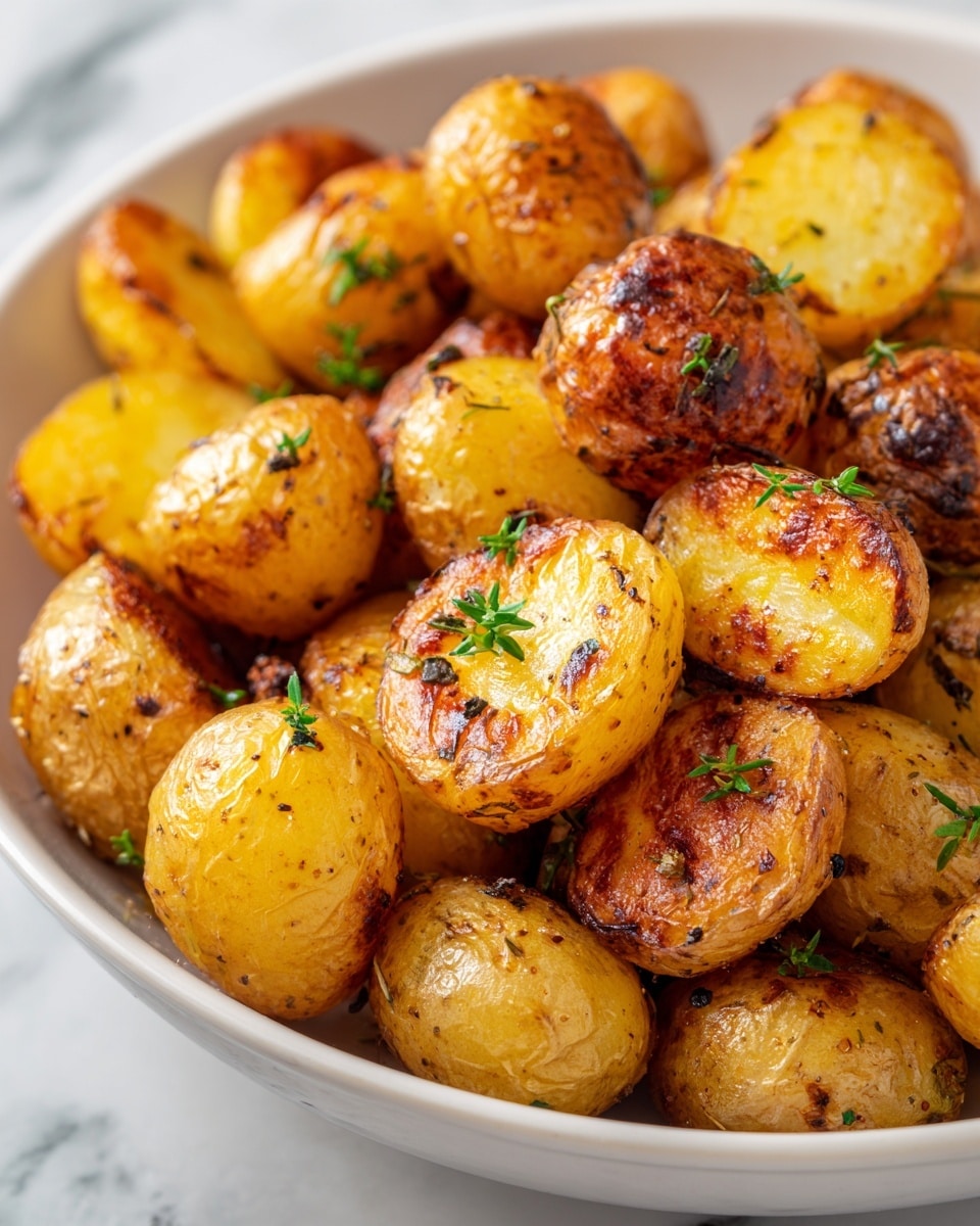 The image shows a close-up of many small roasted potato halves in a white bowl. Each potato half has a golden brown crispy skin with some darker roasted spots, and the inside looks soft and tender with a light yellow color. Small green herb leaves are sprinkled evenly across the potatoes, adding a fresh touch. The bowl is placed on a white marbled surface that contrasts well with the warm tones of the potatoes. A slight shine on the potatoes shows they are well-oiled and seasoned, making them look tasty and inviting photo taken with an iphone --ar 4:5 --v 7