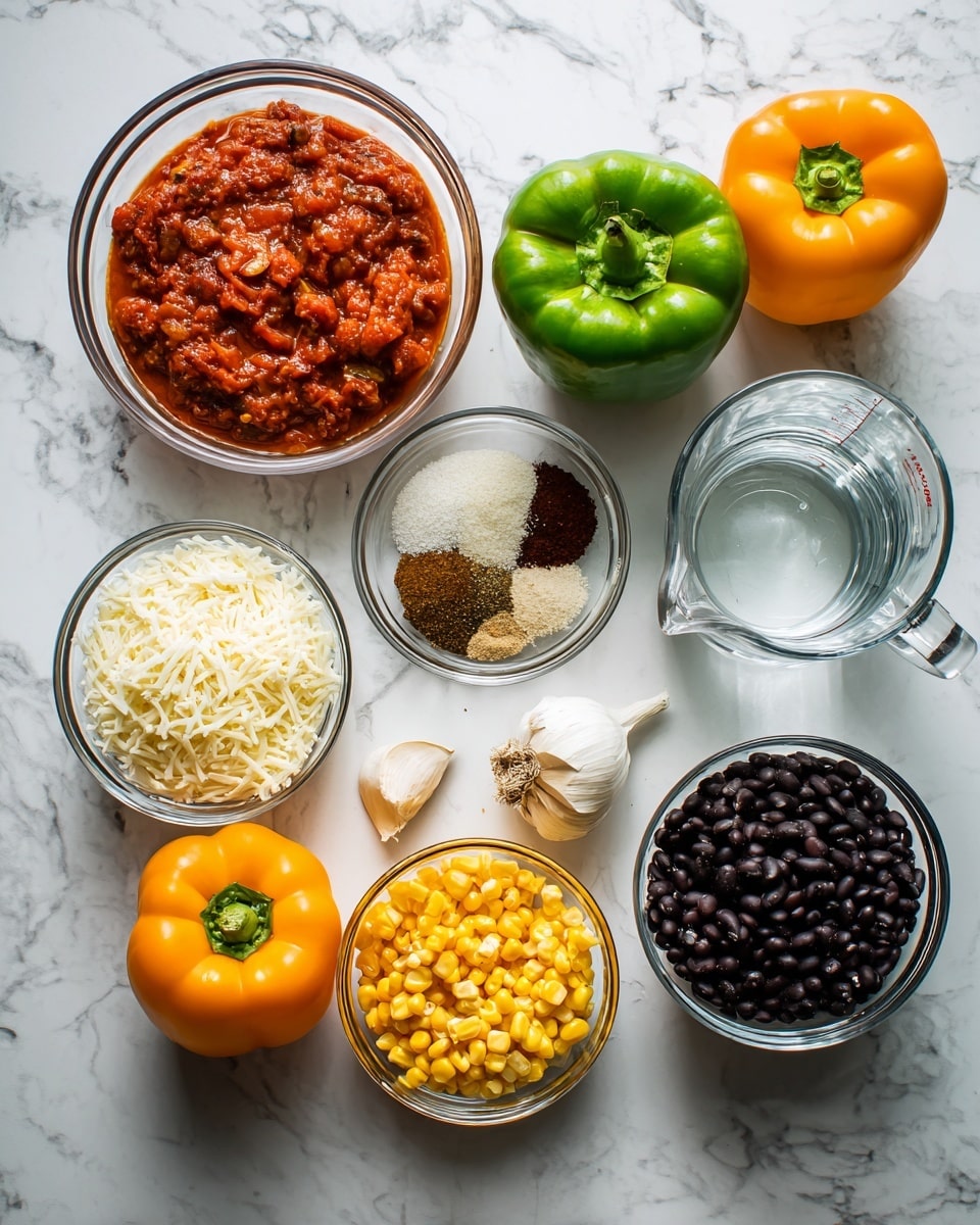 The image shows an overhead view of various ingredients placed on a white marbled surface. From left to right, there is a glass bowl filled with chunky red salsa, next to it a smaller glass bowl with a mix of spices in different colors including brown, white, and red. Below the salsa and spices are three more clear glass bowls: one with shredded white cheese, one with yellow corn kernels, and one with small white grains resembling quinoa. A clear glass bowl with black beans is positioned to the right of the spice bowl. There are three whole bell peppers in bright colors — green, orange, and two yellow — along with two cloves of garlic and a glass measuring cup with clear water. The colors are bright and the textures clear, set on the neat white marbled background. Photo taken with an iphone --ar 4:5 --v 7