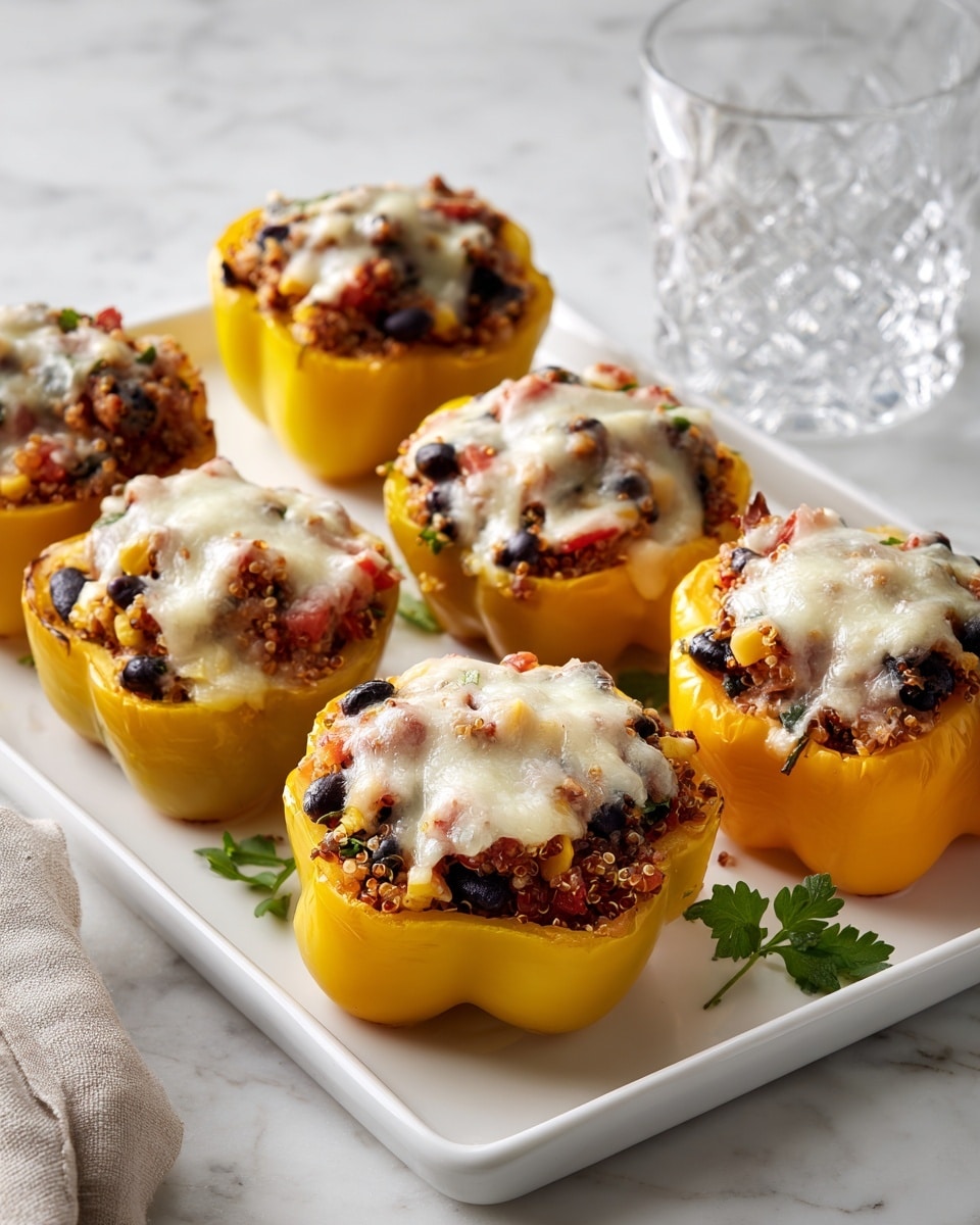 Six yellow bell peppers are hollowed and stuffed with a mix of red, yellow, and black ingredients that look like corn, black beans, and quinoa, then topped with melted white cheese. The peppers are arranged in two rows on a large white rectangular plate, placed on a white marbled surface. The cheese on each pepper is golden and slightly browned in spots, giving a baked look. In the top right corner, part of a glass and a cut crystal bowl are visible, adding to the bright and clean presentation. photo taken with an iphone --ar 4:5 --v 7