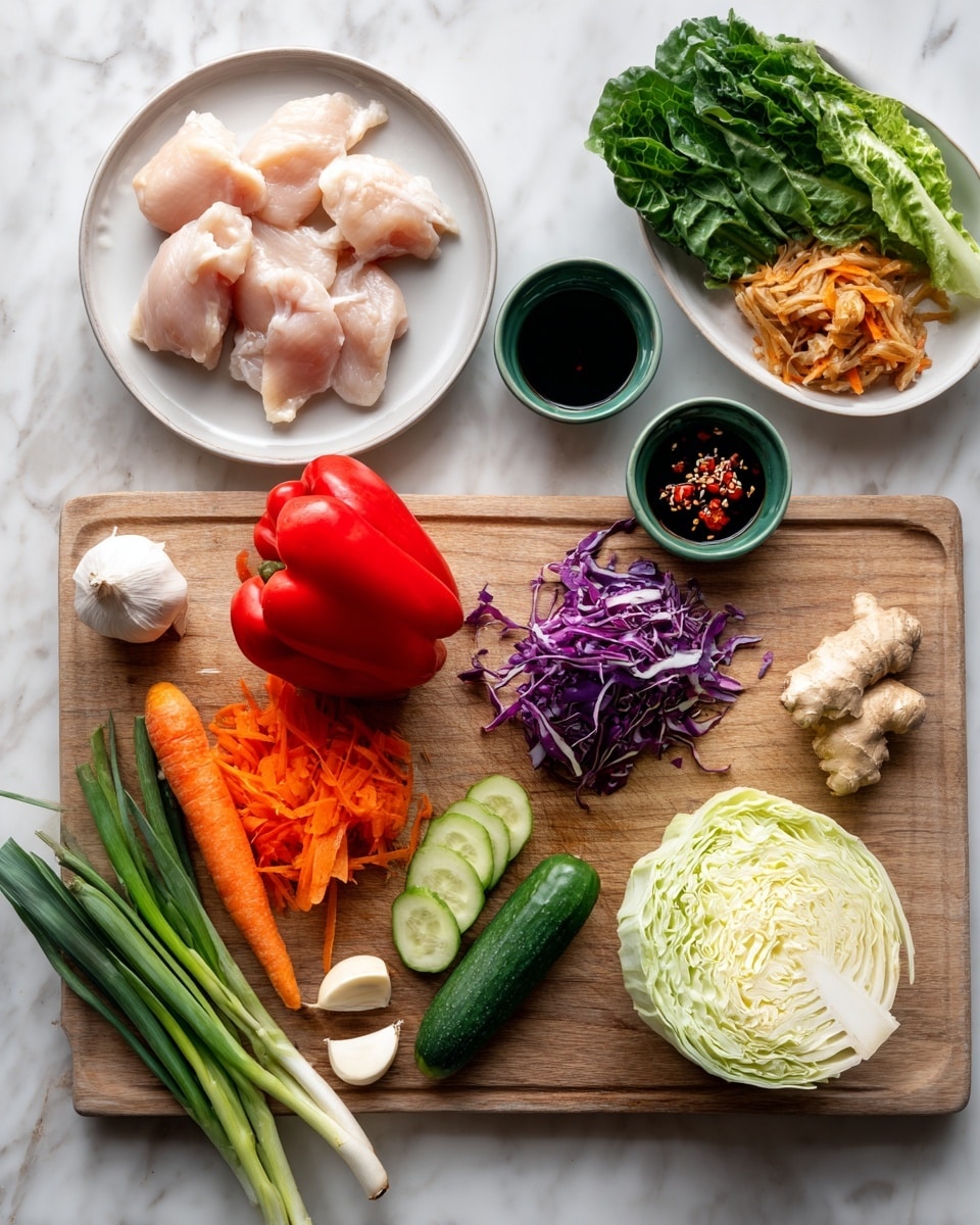 A wooden cutting board sits on a white marbled surface, holding fresh vegetables including a whole red bell pepper, a half cabbage with shredded pieces in front, a whole orange carrot, and a sliced cucumber with rings and chunks. Near the bottom left corner are green onions, a green chili, a piece of fresh ginger, and two garlic cloves. To the upper left, a white plate with four raw chicken pieces with pale pink color rests beside small green bowls filled with dark sauce, sesame seeds, and other liquids. On the upper right side, leafy greens and a white plate with fried onion pieces are visible. photo taken with an iphone --ar 4:5 --v 7