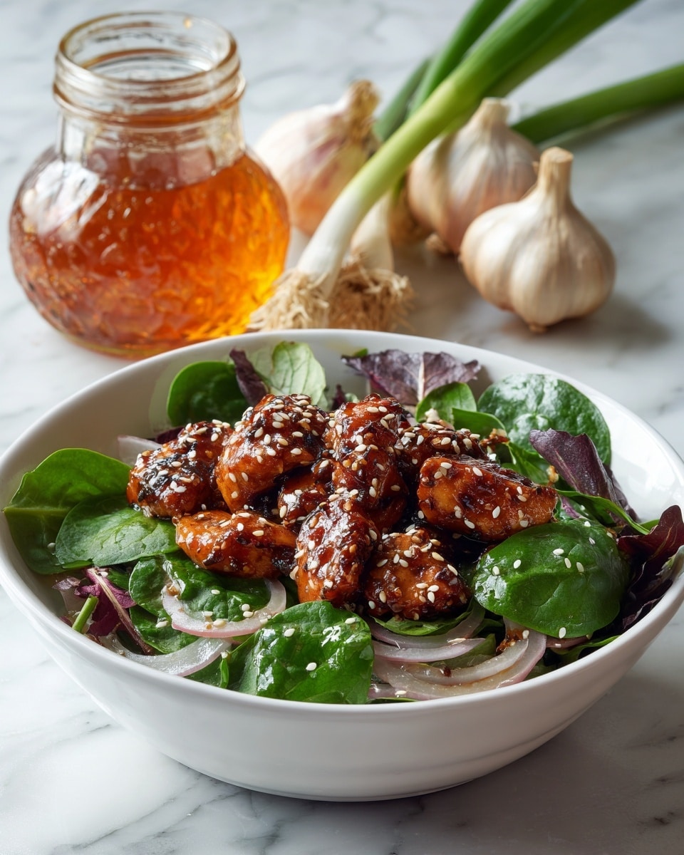A white shallow bowl holds a fresh salad with three distinct layers: the bottom layer is dark green spinach leaves mixed with some purplish-red leafy greens, the middle layer includes thin slices of cooked light brown onions, and the top layer features glazed grilled chicken pieces in a shiny brown sauce sprinkled with white sesame seeds. Behind the bowl, there are two garlic bulbs, green onions, and a glass jar filled with amber honey, all set on a white marbled surface. The photo was taken with an iphone --ar 4:5 --v 7