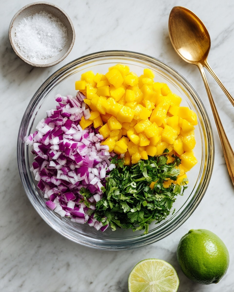 A clear glass bowl on a white marbled surface holds three separate layers of ingredients: bright yellow mango chunks at the bottom, finely chopped purple and white red onions on the top left, and fresh green chopped cilantro on the top right. To the right of the bowl is a shiny golden spoon, and near the bottom right corner sits a squeezed half of a green lime. At the top left corner, there is a small clear bowl with white salt. Photo taken with an iphone --ar 4:5 --v 7