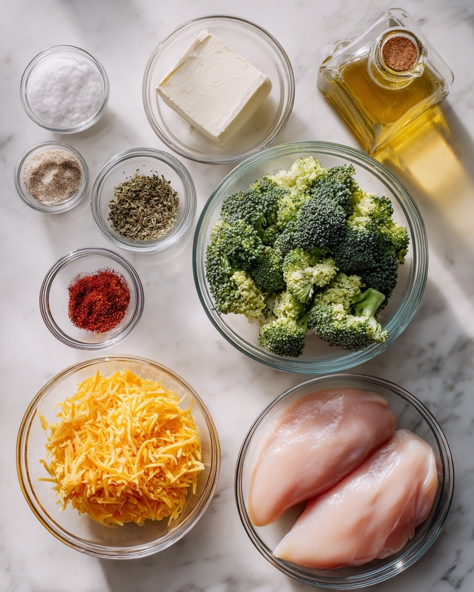 The image shows multiple clear glass bowls placed on a white marbled surface, each containing different ingredients. There are two large chicken fillets with a smooth, pale pink color in a big bowl on the right side. Next to it, a similar size bowl is filled with bright green broccoli florets with rough texture. A smaller bowl contains shredded orange-yellow cheese with thin, string-like pieces. Two tiny bowls hold spices: one has a reddish powder along with green herbs, white salt, and black pepper, while the other has a beige powder, black pepper, and white salt. Another small bowl contains a white rectangular block of cream cheese. At the top right corner, there is a clear glass bottle with a golden liquid, likely oil. The whole setup is neat, with natural light and a clean, fresh appearance. Photo taken with an iphone --ar 4:5 --v 7