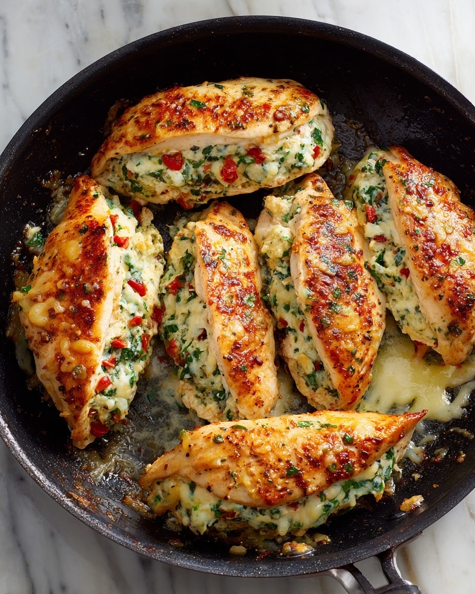 The image shows a close-up of four cooked stuffed chicken breasts in a black pan placed on a white marbled surface. Each chicken breast is golden brown with a slightly crispy texture on top. They are sliced open in the middle, filled with a creamy green and white cheese mixture mixed with small diced red vegetables. The filling is soft and contrasts with the cooked chicken. The pan has some melted cheese and small food bits around the cooked chicken pieces. Photo taken with an iphone --ar 4:5 --v 7