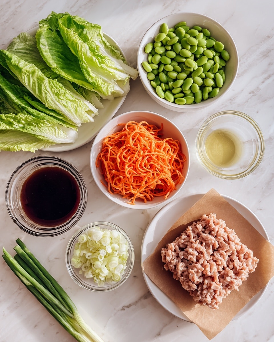 The image shows an arrangement of fresh ingredients on a white marbled surface. There is a white plate with green edamame beans on the right side. Next to it, two green onions lay diagonally. Below the edamame is a small white bowl filled with shredded orange carrots. Below the carrots is a small white bowl of finely chopped onions. On the left are large green lettuce leaves spread out flat and overlapping each other. Above the lettuce on the left side, there is a small clear glass bowl filled with dark brown sauce. To the right of this bowl, on a white plate lined with brown parchment paper, is a square-shaped pile of pale pink ground meat with a curly texture on top. Above and near the onions are two small clear bowls, one containing light yellow grated garlic and the other a pale yellow liquid, likely oil. All the items are neatly spaced out on the white marbled surface in bright natural light. photo taken with an iphone --ar 4:5 --v 7