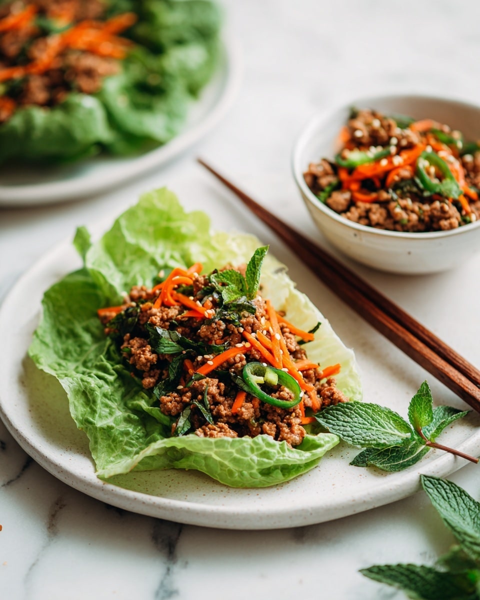 The image shows a white plate on a white marbled surface, with one butter lettuce leaf in the foreground filled with a mix of cooked ground meat, thin orange carrot strips, and green sliced chili, garnished with small green herbs. Behind this, there is a small white bowl also full of the same meat mixture, with visible sesame seeds and slices of green chili. Two wooden chopsticks lie on the plate to the right side, and a single green mint leaf rests near the lettuce wrap. The colors are natural and fresh, with the green lettuce and herbs contrasting against the warm brown meat and bright orange carrot photo taken with an iphone --ar 4:5 --v 7