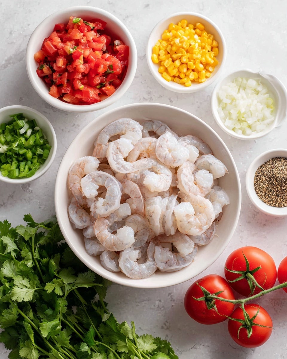 The image shows a white bowl filled with raw, peeled shrimp placed in the center on a white marbled surface. Around this bowl, there are five smaller white bowls arranged in a circle containing different ingredients: diced red tomatoes, minced yellow garlic, black pepper powder, chopped green onions, finely chopped white onions, and whole red tomatoes with green stems. In the lower part of the image, fresh green cilantro leaves are visible. A woman's hand is holding one of the smaller bowls. The overall setting is clean and organized, with fresh ingredients ready for cooking, photo taken with an iphone --ar 4:5 --v 7