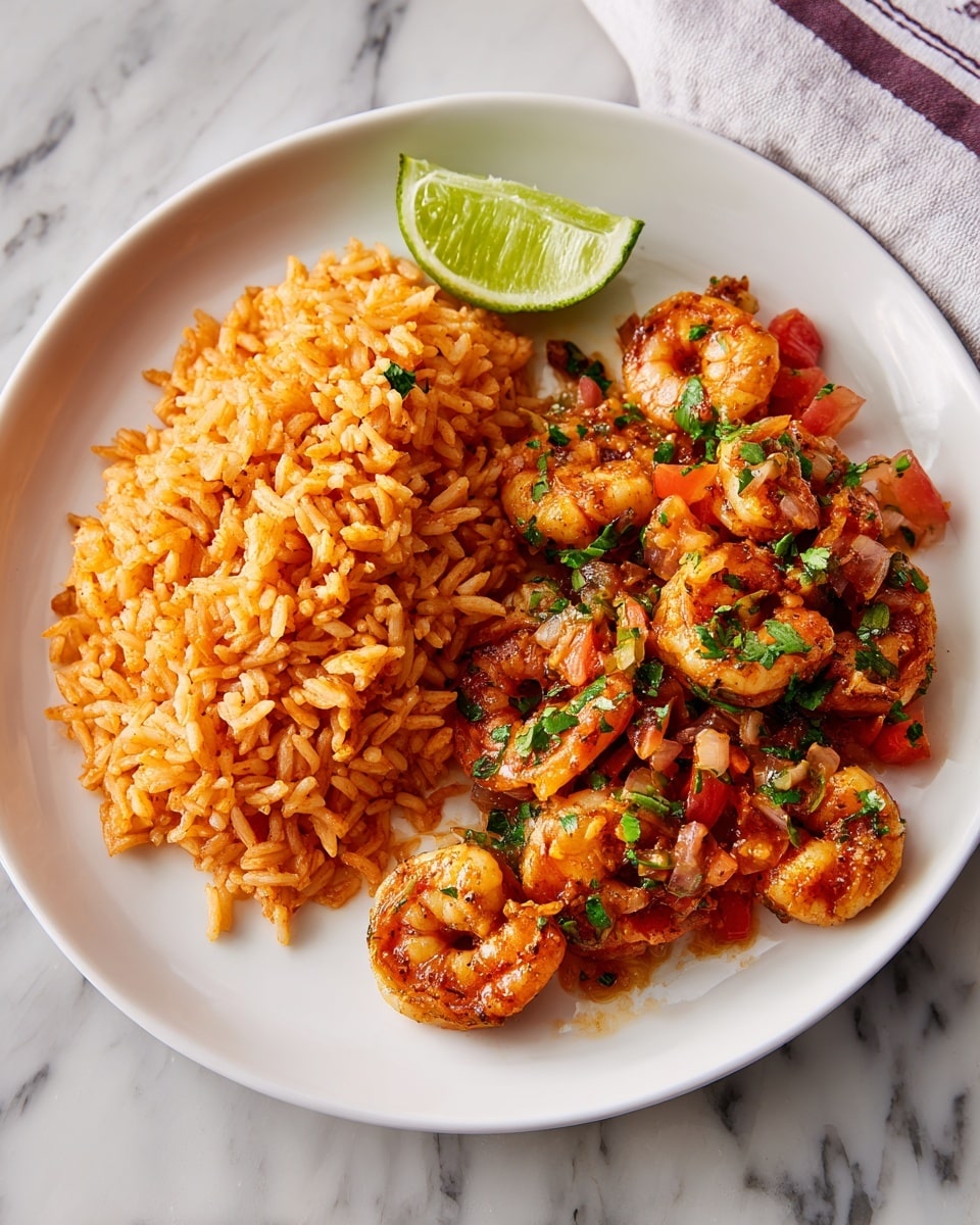 A white plate with two main parts: on the left side, there is a pile of fluffy orange rice with separate grains showing texture; on the right side, there is a shrimp dish with juicy, cooked shrimp mixed with small pieces of tomato and herbs in a light sauce, creating a mix of orange, pink, red, and green colors; a wedge of lime rests on top of the rice near the shrimp; the plate is placed on a white marbled surface with a cloth napkin in the background; photo taken with an iphone --ar 4:5 --v 7