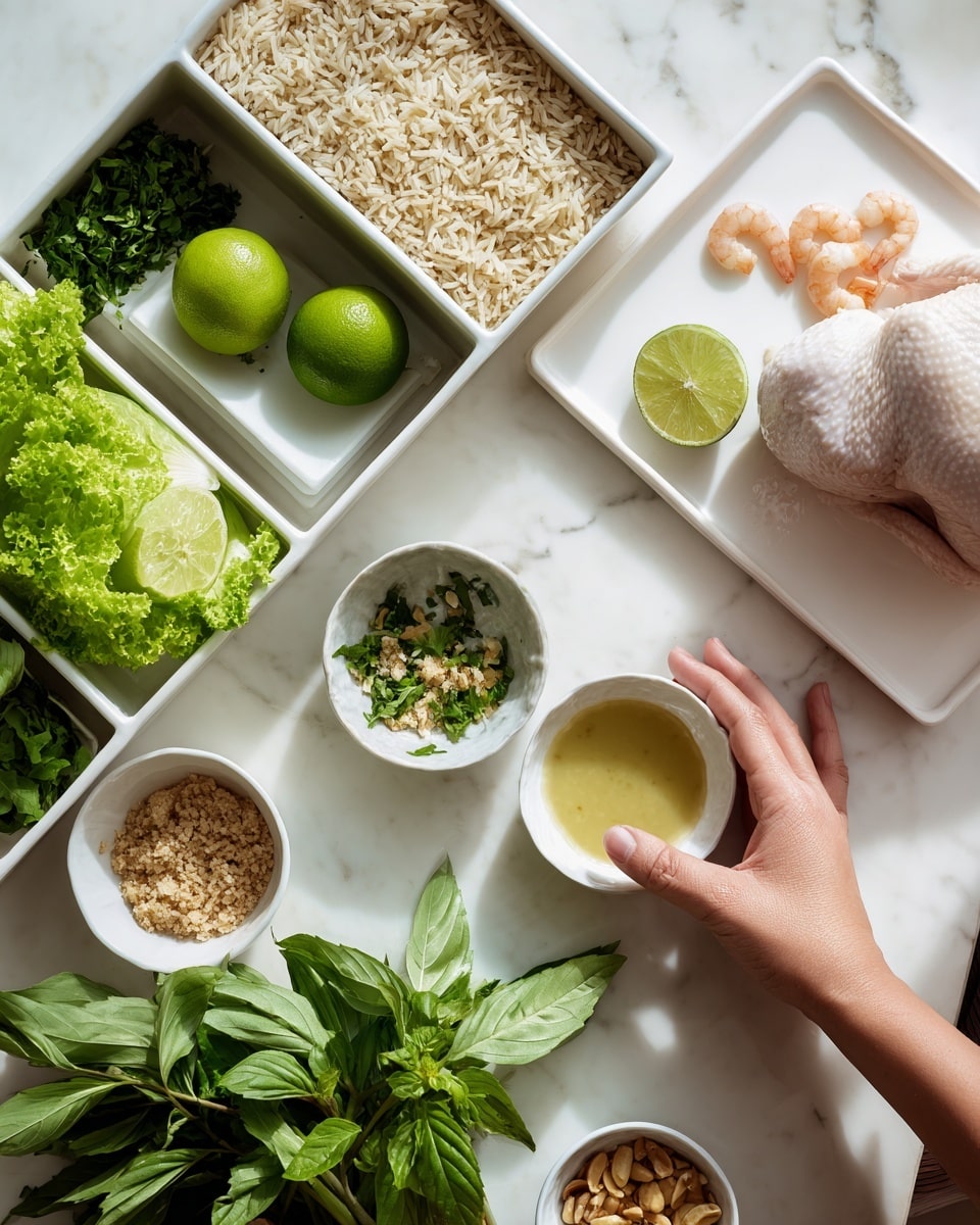 The image shows ingredients neatly arranged on a white marbled surface. At the top, there is a white rectangular container divided into sections: cooked light brown rice, a whole lime, pieces of green lettuce, chopped cilantro, and small peeled shrimp. To the right, a white rectangular tray holds a raw whole chicken. Below, bundles of fresh green herbs like basil and parsley lie on the surface. Smaller white bowls are placed around, containing pale liquid, a mix of herbs, crushed nuts, and a thick yellow sauce with a green stem laying across it. A woman's hand is not visible in this image. Photo taken with an iphone --ar 4:5 --v 7