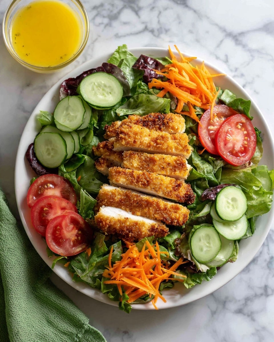 A white plate holds a fresh salad with mixed leafy greens forming the base layer, topped with shredded orange carrots scattered throughout. On top, two pieces of golden-brown breaded chicken sliced into strips lie in the center of the plate. Around the chicken, several cucumber slices are neatly arranged on one side, and tomato wedges on the other side, adding pops of green and red. Next to the plate is a small round glass bowl of yellow salad dressing. The scene is set on a white marbled surface with a green cloth in the corner. Photo taken with an iphone --ar 4:5 --v 7