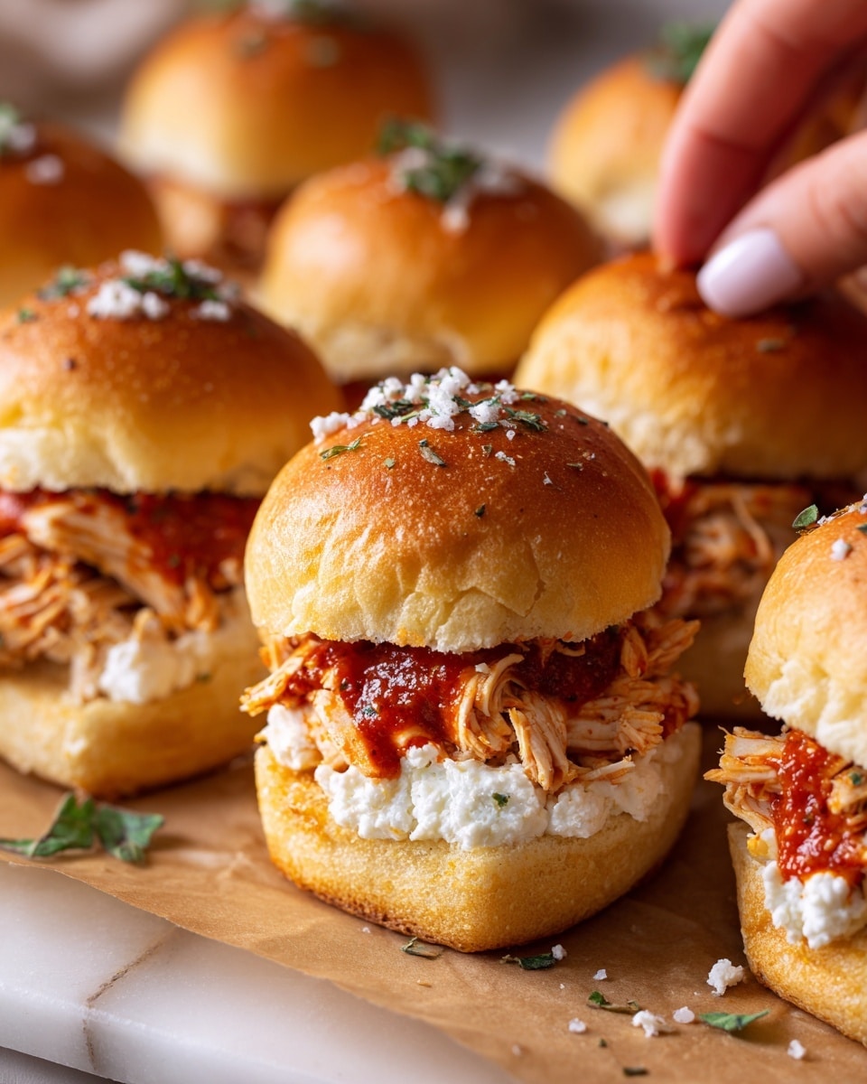This image shows a close-up of small sandwich sliders arranged in two rows on brown parchment paper over a white marbled surface. Each slider has a golden brown top bun sprinkled with herbs and coarse salt. Inside, there are three main layers: a white soft cheese filling sitting on a layer of shredded chicken mixed with a thick red tomato sauce that has visible bits of herbs and spices. The vibrant red sauce contrasts with the white cheese and light chicken. You can see a woman's hand reaching to grab one of the sliders from the front row. The photo taken with an iphone --ar 4:5 --v 7