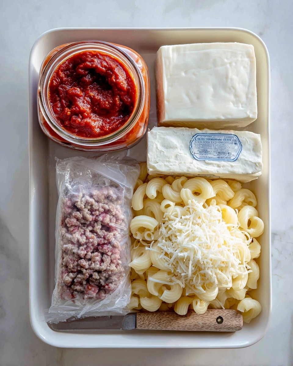 The image shows a white rectangular dish with four main items evenly placed in separate sections. On the top left is a glass jar of red pasta sauce with a metal lid, showing a bright and chunky texture inside. Next to it on the top right is a block of cream cheese in a blue and white wrapper, smooth and firm. Below the jar on the bottom left is a small package of ground beef with a label, wrapped tightly in plastic. To the right of the beef on the bottom right, there is a small wooden-handled knife resting on a mound of shredded cheese, white and fluffy, with curly pasta shells in a pale yellow color filling the remaining space in the dish. The dish is on a white marbled surface. photo taken with an iphone --ar 4:5 --v 7