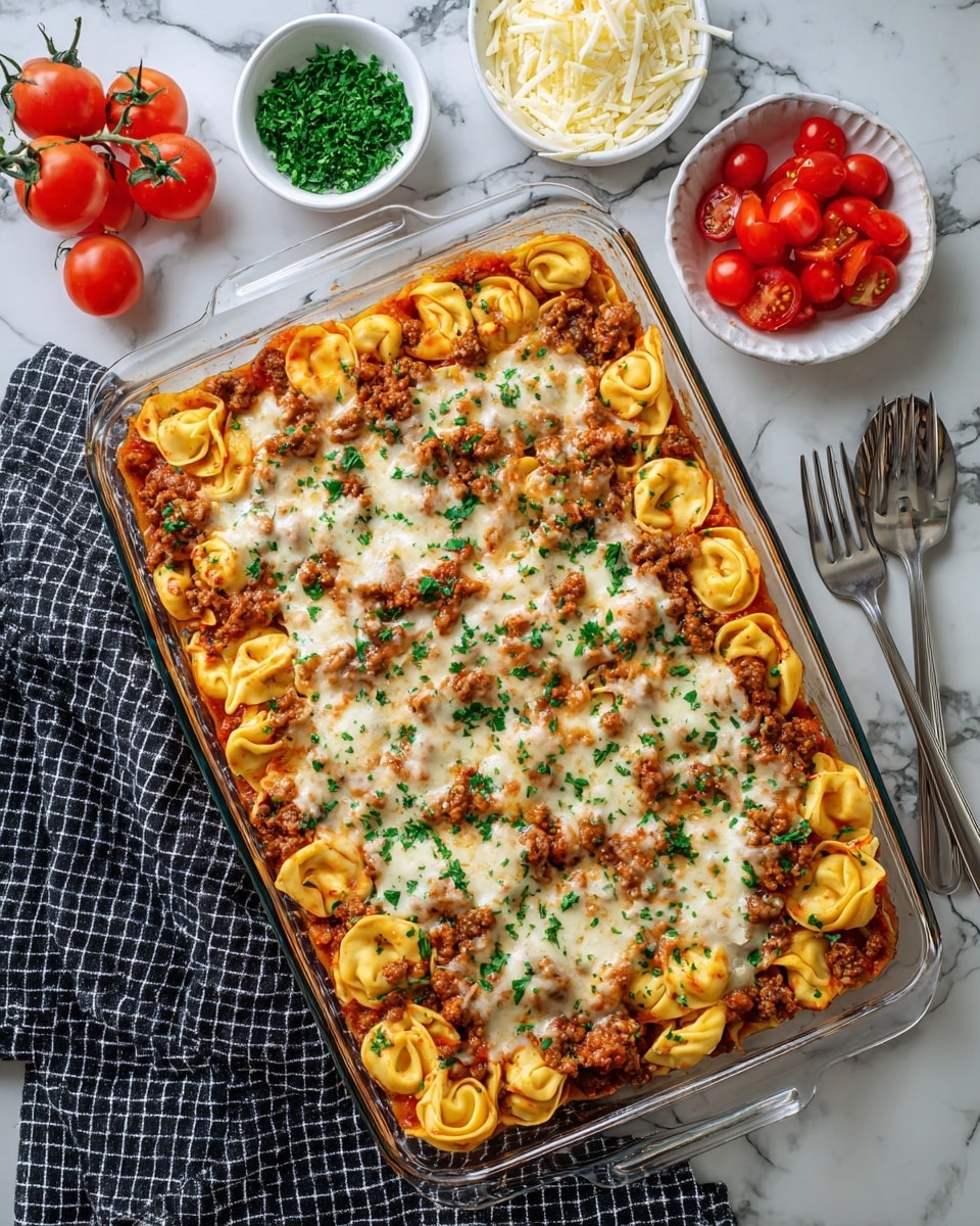 The image shows a clear rectangular glass baking dish filled with a layered pasta bake. The bottom layer consists of orange-red tomato sauce with small browned meat chunks scattered evenly. Above this is a layer of folded, round tortellini pasta with a pale yellow color, mixed throughout with the meat and sauce. The top layer is fully covered with melted white cheese that is slightly browned in spots and sprinkled with chopped green parsley. The dish is placed on a white marbled surface with a black and white checkered cloth partially beneath it. To the side, there are three small white bowls – one with finely chopped green herbs, one with whole bright red cherry tomatoes, and one with shredded white cheese. Two silver forks rest next to the dish. photo taken with an iphone --ar 4:5 --v 7