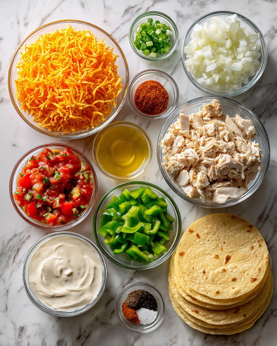 The image shows multiple clear glass bowls and small dishes arranged on a white marbled surface, each filled with different bright colored ingredients for cooking. There is a large bowl of orange shredded cheese at the top center, a bowl with white chopped onions to the upper right, and a bowl with diced cooked chicken pieces just below the onions. Next to the chicken are chopped green bell peppers in a bowl, and a stack of round light yellow tortillas to the right edge. Other small bowls hold liquid and powder ingredients: salsa with red tomato and green pepper chunks near the left bottom, a bowl of creamy white sauce below the cheese, another bowl with yellow sauce near the lower left, a tiny glass of clear liquid next to the yellow sauce, chopped green onions in a small bowl to the upper right, and small dishes of white salt, black pepper, brown chili powder, and a light powdered spice spread across the top and center. All the elements have clear textures showing their freshness and color differences, arranged neatly on the surface. photo taken with an iphone --ar 4:5 --v 7
