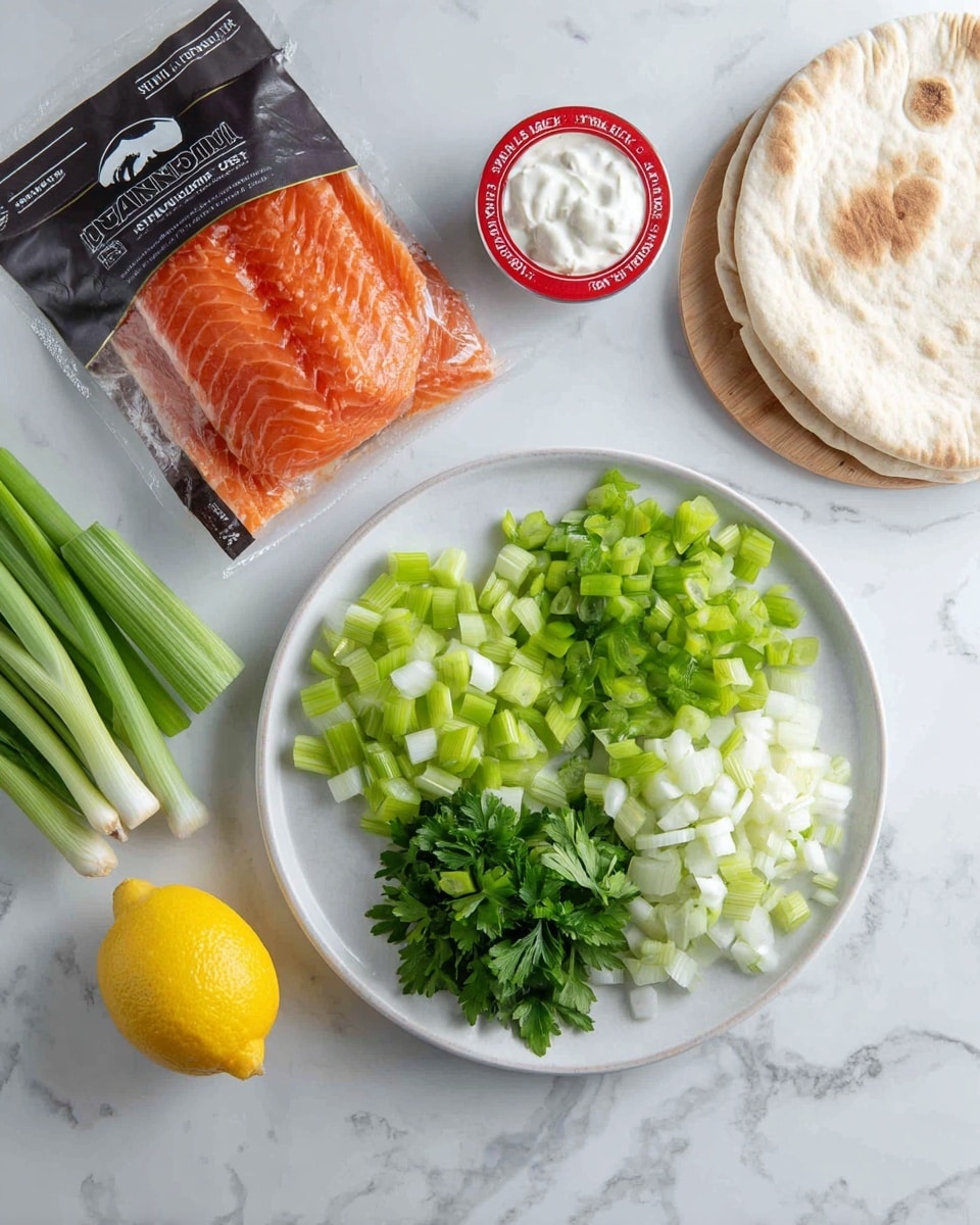 The image shows a white marble surface with several ingredients arranged neatly. In the center, there is a white round plate holding three piles of chopped green vegetables: celery, parsley, and green onion. To the left of the plate lies a package of smoked Atlantic salmon in dark packaging with orange fish visible through the clear part. Above the plate, a small red and white container of sour cream is placed, and to the right of the plate, there is a whole lemon. A round white pita bread rests in the top right corner. The overall scene is clean and fresh with bright colors. Photo taken with an iphone --ar 4:5 --v 7