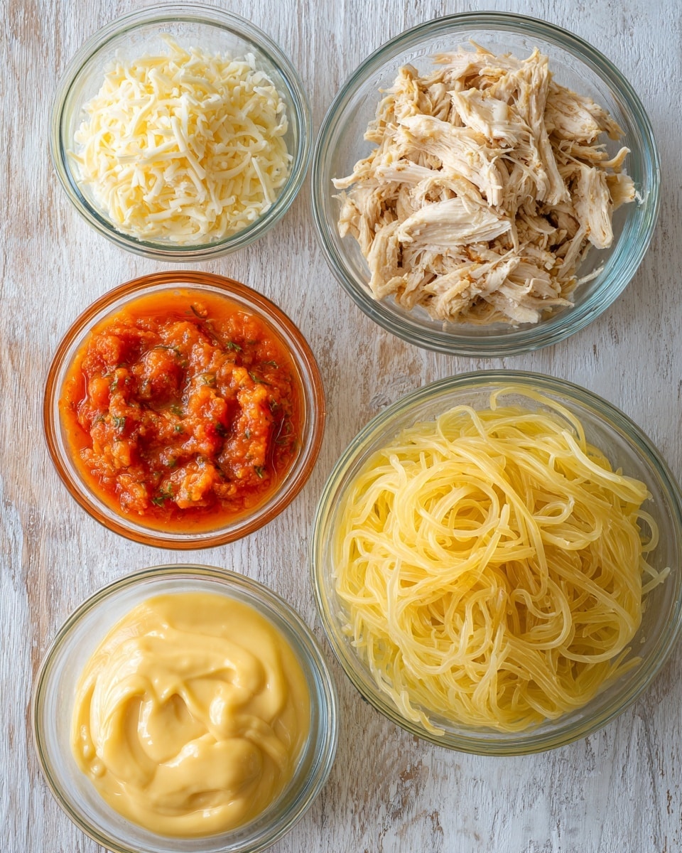 The image shows a top view of six glass bowls arranged on a wooden surface. The largest bowl at the bottom right holds a pile of thin cooked noodles, pale yellow in color with a soft texture. Above it to the left is a bowl filled with a mix of shredded white and orange cheese. To the left of that is a bowl with a light twinkling salt layer. In the center is a bowl with chunky red tomato sauce filled with bits of herbs and vegetables. To the top left is a bowl full of shredded light brown cooked chicken. The top right bowl holds a thick, yellow mayonnaise-like sauce. The background is changed to a white marbled texture. photo taken with an iphone --ar 4:5 --v 7