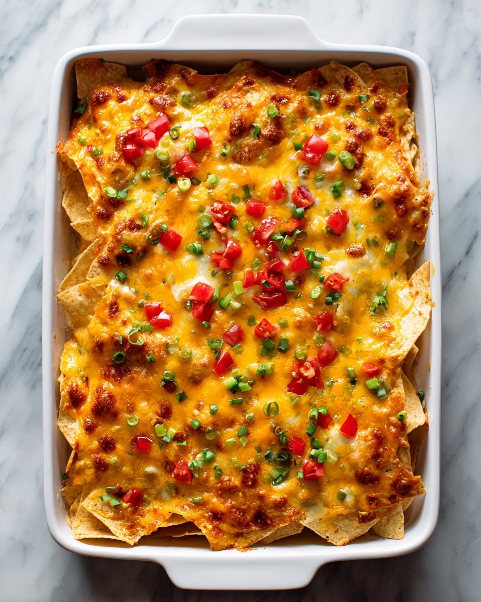 A rectangular white baking dish filled with golden brown baked nachos. The first layer is visible with slightly crispy tortilla chips arranged to cover the dish evenly. On top, there is a thick melted layer of yellow and orange cheese that looks bubbly and soft. Small chopped red tomatoes are scattered evenly over the cheese, adding bright red spots. Tiny bits of green peppers or jalapeños are sprinkled on top, giving small green touches. The edges of the chips peek through the melted cheese, showing a mix of crunch and softness. The dish sits on a white marbled surface. Photo taken with an iphone --ar 4:5 --v 7