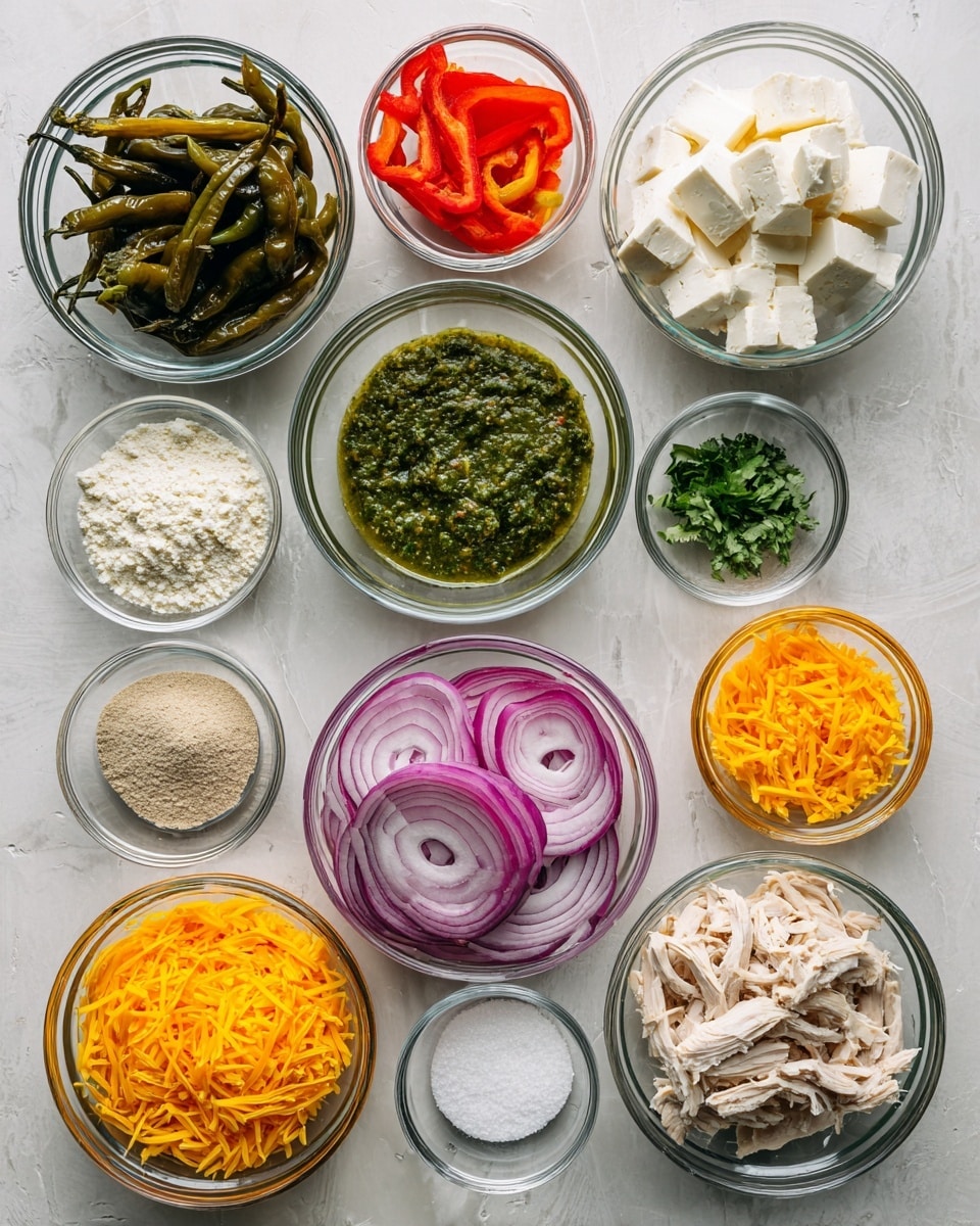 A white marbled surface holds eleven clear glass bowls arranged in a loose circle. Starting from the top left, the first bowl contains dark green sliced strips of poblano peppers. Next to it is a small bowl of finely chopped fresh cilantro with bright green leaves. Below is a bowl of green chile salsa with chunks and visible seeds. To the right of that, a bowl filled with off-white cubed cream cheese pieces. Below the cream cheese, three small bowls hold fine white powder (likely baking powder), light grayish-brown powder (likely oat flour), and white granulated salt. Moving left, a bowl of thinly sliced red onions with purple and white layers sits in the center. Below that, a bowl with bright orange shredded cheddar cheese. To the left, a bowl holds shredded cooked white chicken pieces. Above that, another bowl contains light yellow shredded cheese, possibly mozzarella. Above that, a bowl holds bright red sliced bell pepper strips. All bowls are clear glass, and everything rests on a clean white marbled surface. Photo taken with an iphone --ar 4:5 --v 7