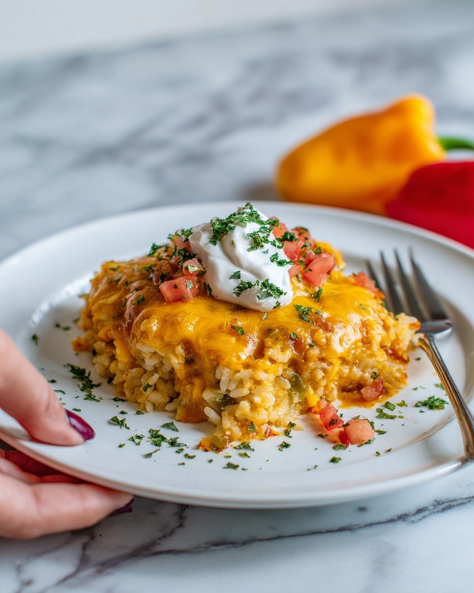 The image shows a white plate filled with a layered cheesy dish that looks like a baked casserole. The bottom layer is rice mixed with bits of orange cheese and some small pieces of vegetables or meat. The middle layer has a bright orange melted cheese sauce spread unevenly over the rice. On top, there is a thick layer of melted yellow and orange cheese with bits of red chopped tomatoes and green herbs sprinkled throughout. A dollop of white sour cream sits in the center, garnished with small green herb pieces. The plate rests on a white marbled surface, with a silver fork placed on the right side of the plate. A woman's hand is holding the edge of the plate. In the back, there are some colorful peppers slightly blurred in the background. photo taken with an iphone --ar 4:5 --v 7