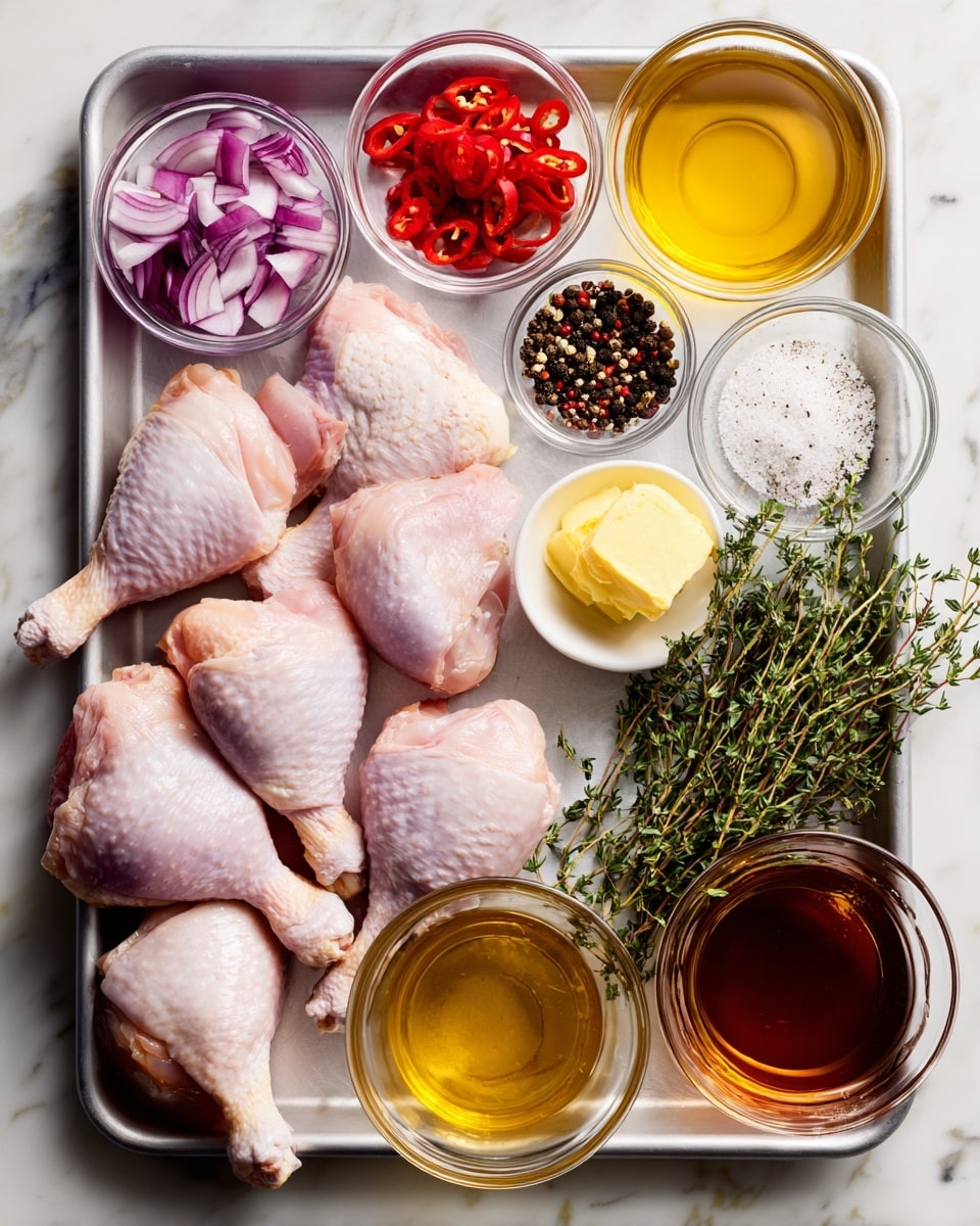 The image shows raw chicken legs with pale pink skin placed on a metal baking tray that sits on a white marbled surface. Around the tray, there are several clear glass bowls containing different ingredients: bright red chili slices, quartered purple-red onion wedges, coarse black pepper, white powder, and granulated salt. There is also a small bowl with yellow butter, a bowl of dark brown liquid, a bowl of amber-colored honey or syrup, and larger measuring cups of golden brown and light yellow liquids. Fresh green thyme sprigs are laid out beside the bowls, creating a colorful, organized display of raw ingredients. Photo taken with an iphone --ar 4:5 --v 7