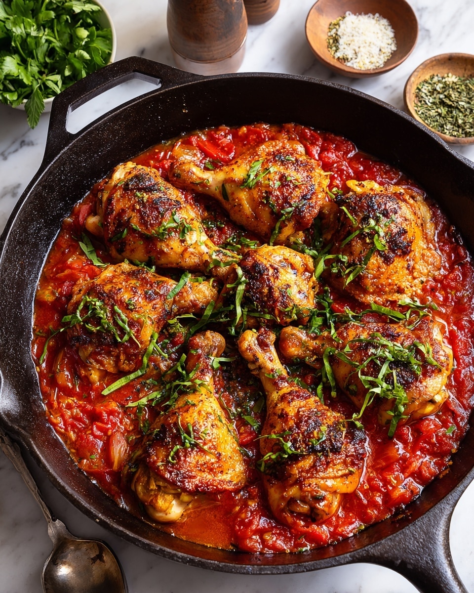 A cast iron pan filled with six roasted chicken legs on top of a thick red tomato sauce with visible chunks of tomatoes and green herbs sprinkled all over the chicken and sauce. The chicken has a golden brown crispy skin with some slight charring. Around the pan are blurred small bowls with ingredients and a large metal spoon on a white marbled surface. Photo taken with an iphone --ar 4:5 --v 7