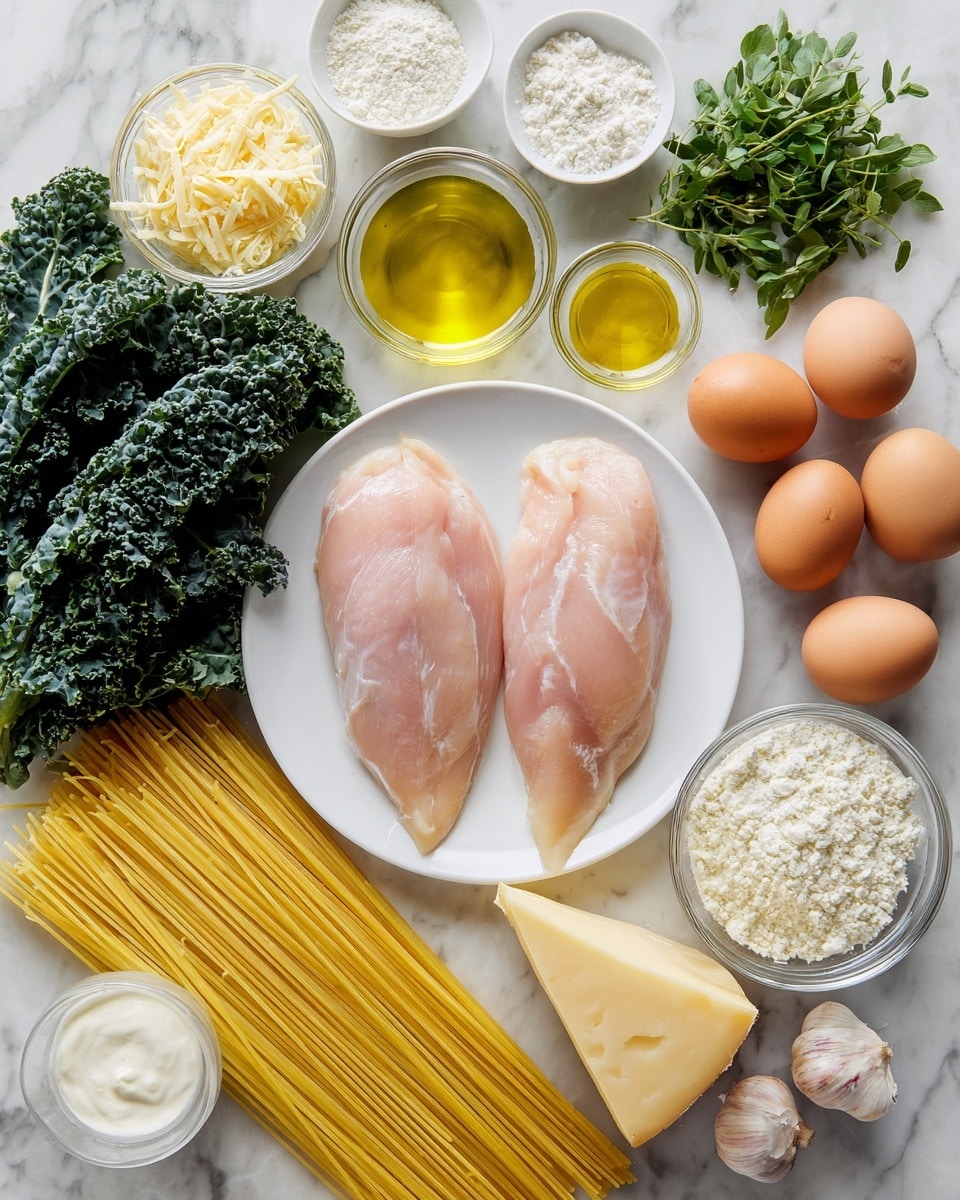 The image shows two raw, pale pink chicken fillets placed side by side on a white plate at the center. Surrounding the plate are dark green, leafy kale leaves on the left side, small bowls of light yellow grated cheese, golden olive oil, and white flour arranged in a triangle above the plate. To the right of the plate are green fresh herbs. Below the plate, long, uncooked yellow spaghetti lies spread out horizontally. Nearby, there is a wedge of pale yellow cheese, two brown eggs, a small glass bowl of white cream, and two garlic cloves in front of the spaghetti. All items are arranged on a white marbled surface. photo taken with an iphone --ar 4:5 --v 7