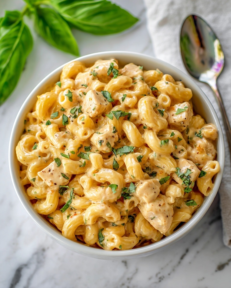 The image shows a white bowl filled with creamy macaroni pasta mixed with chunks of cooked chicken. The pasta is light yellow and soft-looking, coated evenly with thick, light orange creamy sauce. Small green parsley leaves are sprinkled on top, adding a fresh touch. A silver spoon rests next to the bowl on a white marbled surface, and a green basil leaf is placed nearby in the background. The overall look is warm and comforting. photo taken with an iphone --ar 4:5 --v 7