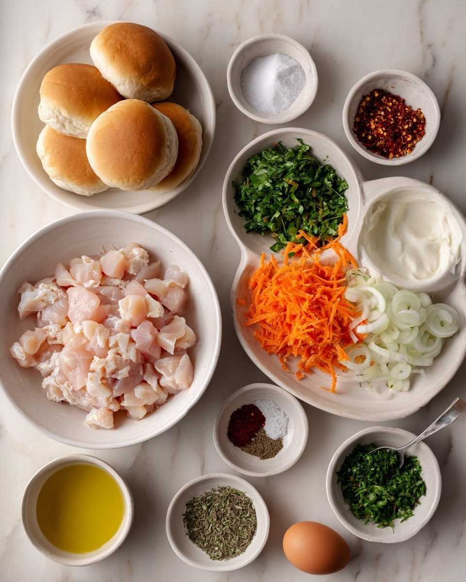 The image shows several white bowls placed on a white marbled surface, each filled with ingredients for cooking. The largest bowl contains diced raw chicken with a pale pink color and a smooth texture. Next to it is a white bowl filled with orange shredded carrots, green chopped herbs, and sliced white onions arranged in separate sections. There are three brown round buns stacked in a white plate nearby. A small white bowl with white creamy sauce is beside the buns. Other small white bowls contain different spices: salt with black pepper, red chili flakes, dried herbs, and chopped green herbs. There is also a single brown egg and a small amount of yellow oil in a white bowl. The composition is neat with colors ranging from white, pale pink, orange, brown, green and red, all placed over the white marbled surface. Photo taken with an iphone --ar 4:5 --v 7