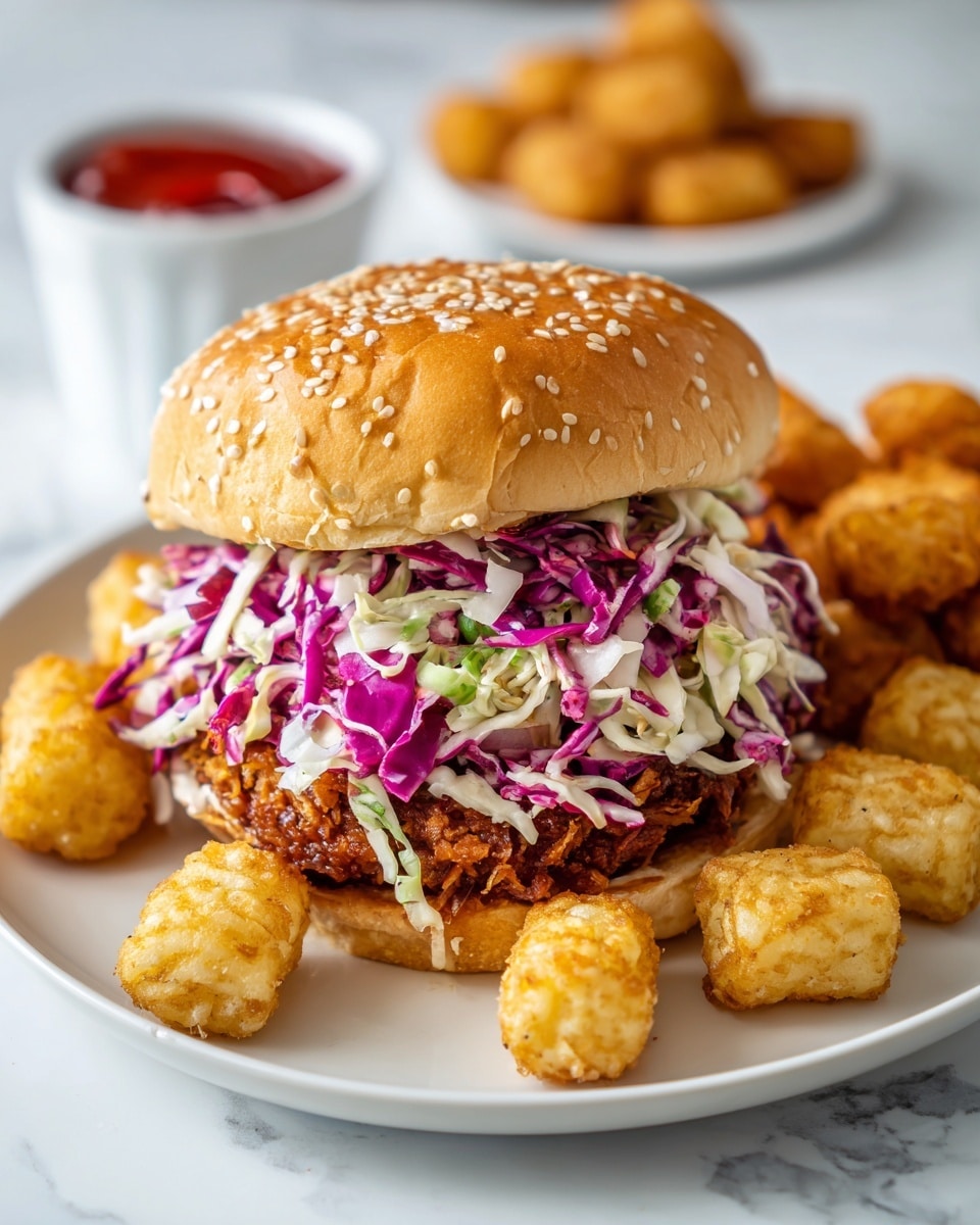 A white plate on a white marbled surface holds a sandwich with three main layers: a golden, crispy fried chicken patty on the bottom, topped with a colorful mix of shredded purple and white cabbage slaw, and a sesame seed bun on top. Surrounding the sandwich on the plate are golden brown tater tots and crispy chicken nuggets arranged neatly. In the background, slightly blurred, is a small white bowl filled with red ketchup. photo taken with an iphone --ar 4:5 --v 7