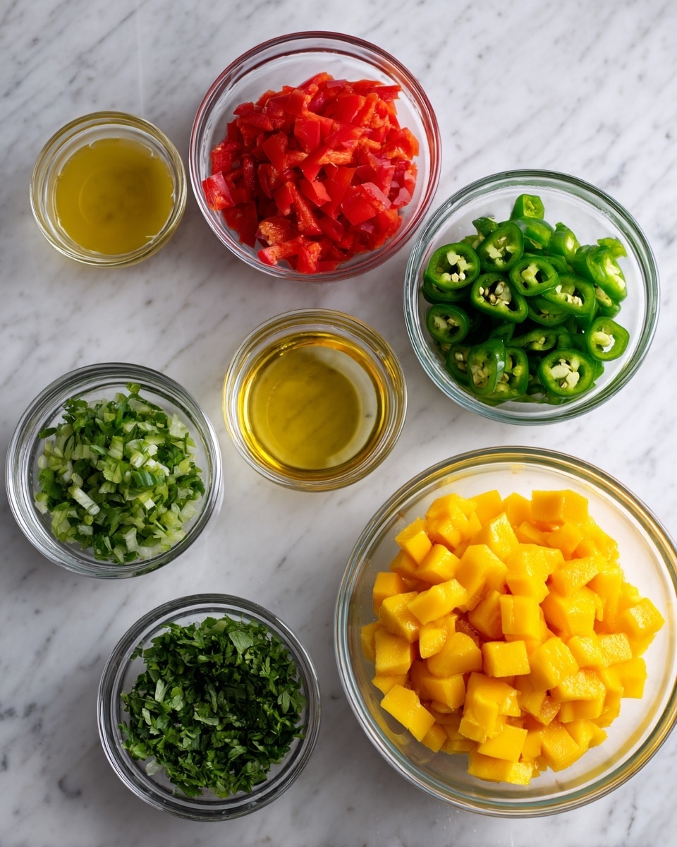 The image shows seven clear glass bowls arranged on a white marbled surface. The largest bowl on the right is filled with small yellow cubes, likely mango pieces. To its left, three medium bowls have chopped red bell pepper, chopped dark green jalapeno, and chopped light green jalapeno. Below these, two smaller bowls contain light yellowish liquid, likely juice or vinegar. In the center bottom is a small bowl filled with chopped green herbs, probably cilantro. All the bowls are evenly spaced and neatly placed. photo taken with an iphone --ar 4:5 --v 7