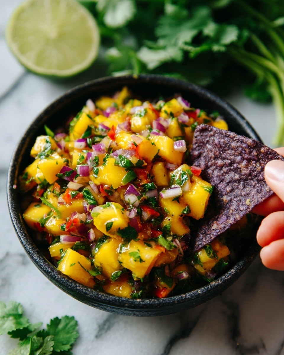 A close-up view of a small black bowl filled with a colorful mango salsa. The salsa has bright yellow mango chunks mixed with small pieces of red bell pepper and finely chopped red onion. There are green flecks of cilantro and parsley evenly spread throughout the salsa. A woman’s hand is holding a dark purple tortilla chip dipped into the salsa on the right side of the bowl. The bowl is placed on a white marbled surface, with fresh green cilantro leaves and a slice of lime blurred softly in the background. Photo taken with an iphone --ar 4:5 --v 7