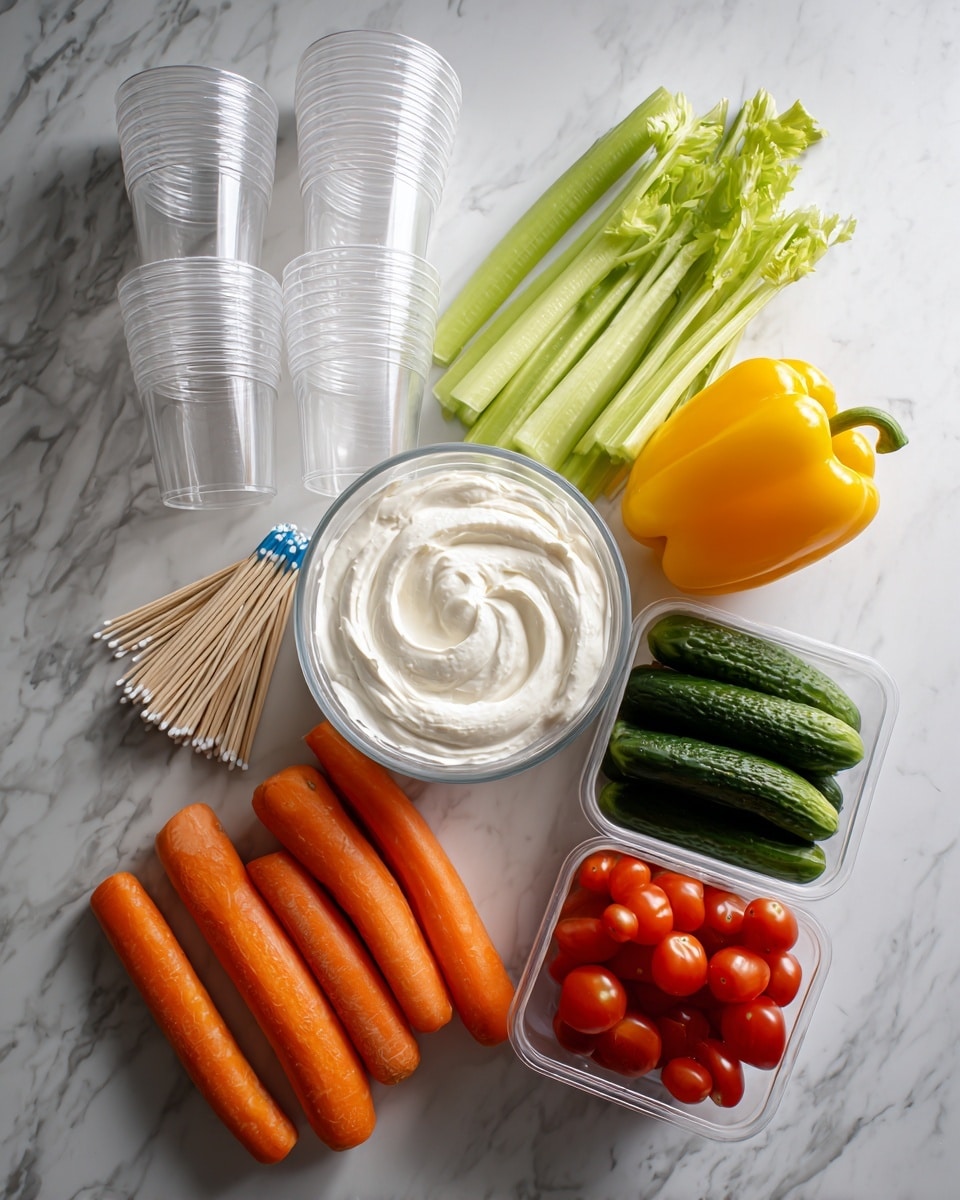 The image shows a collection of fresh vegetables and a bowl of creamy dip arranged neatly on a white marbled surface. On the left side, there are several clear plastic party cups stacked together along with a container of toothpicks placed in front of them. To the right of the cups, there are three stalks of light green celery next to three bright orange carrots. In the center is a clear glass bowl filled with a thick, white creamy dip with a swirled texture on top. To the right of the dip, four dark green mini cucumbers are stacked horizontally. Further to the right, a bright yellow bell pepper stands upright next to a clear container filled with small red cherry tomatoes. photo taken with an iphone --ar 4:5 --v 7