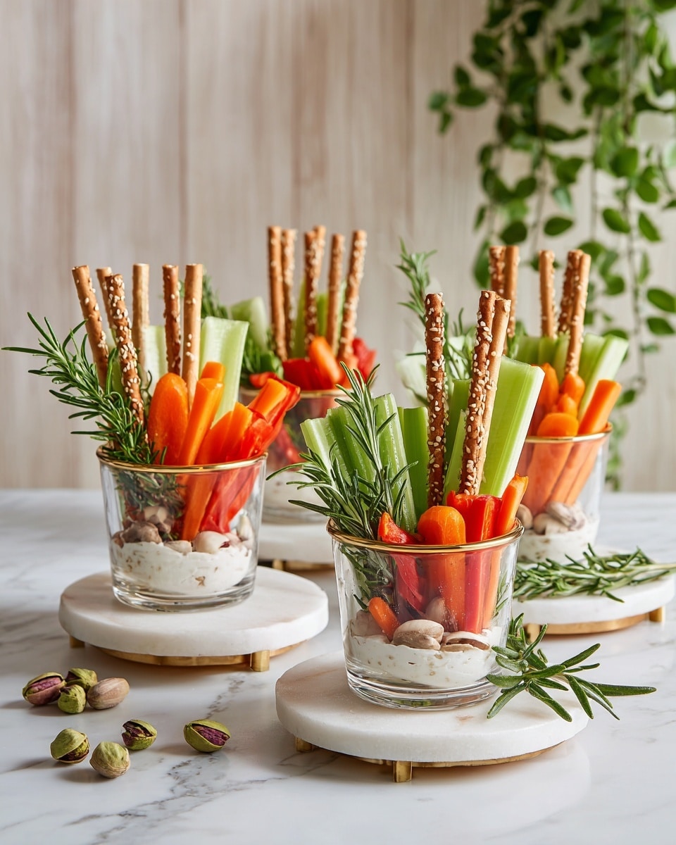 There are six clear glass cups filled with layers of fresh vegetables and a white creamy dip at the bottom. Each cup contains an arrangement of long, thin celery sticks, orange carrot sticks, red bell pepper strips, and round white mushrooms. Long, thin breadsticks with sesame seeds stand vertically in each cup, and a sprig of green rosemary adds a fresh touch. The cups are placed on two round white marble stands with gold edges and thin gold legs, all set on a white marbled surface. A few scattered pistachio nuts and rosemary sprigs add detail around the stands. The background has a soft white wooden panel and a hanging plant with green leaves on the right side. photo taken with an iphone --ar 4:5 --v 7