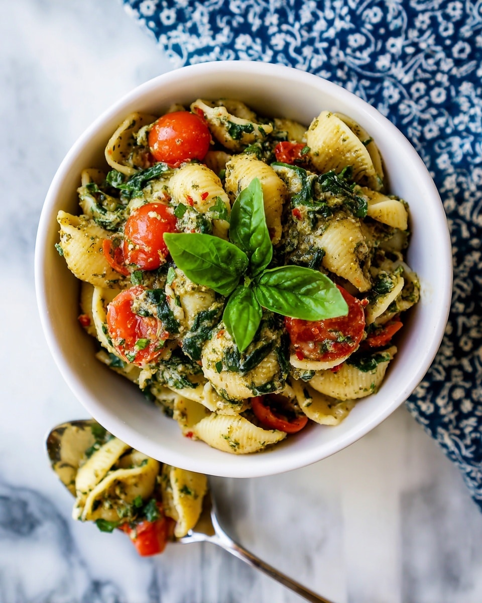 A white bowl filled with three layers of food is shown. The bottom layer consists of shell-shaped pasta with a slightly creamy texture mixed with whole fresh spinach leaves that provide a dark green color. On top of this, there are bright red halved cherry tomatoes scattered evenly within the pasta. The uppermost layer is a green pesto sauce coating the pasta and vegetables, topped with a small cluster of fresh basil leaves placed in the center for garnish. Next to the bowl, there is a silver spoon holding a scoop of the same pasta salad on a white marbled surface with a patterned blue and white cloth partially visible underneath. The photo taken with an iphone --ar 4:5 --v 7