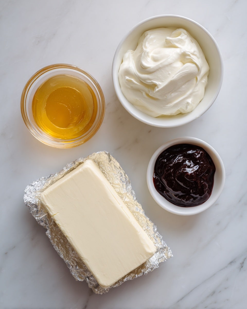 The image shows four containers with different food items placed on a white marbled surface. At the top right, there is a medium-sized white bowl filled with thick, creamy white yogurt or sour cream. Below it, in the bottom right corner, there is a small white bowl containing a dark, thick substance, possibly jam or chocolate spread. On the left side, there is a small clear glass bowl filled with a bright golden honey that looks smooth and sticky. In the lower center, there is an unwrapped rectangular block of cream cheese with a smooth texture, resting on shiny silver foil. The arrangement is simple with clean colors and textures, all on a white marbled background, photo taken with an iphone --ar 4:5 --v 7