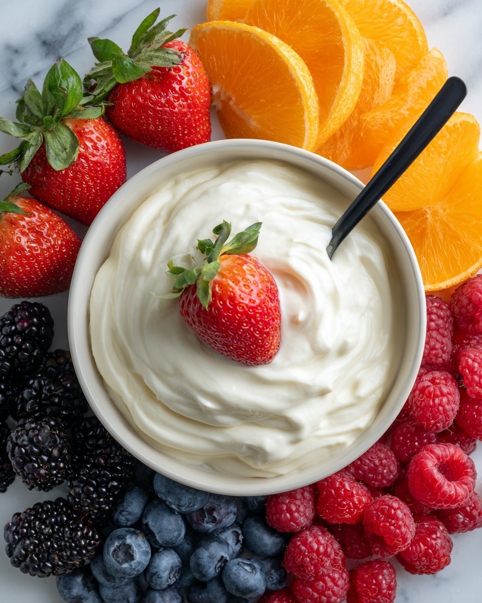 A white bowl filled with thick white cream has a whole bright red strawberry placed in the center on top. The bowl is set on a white marbled surface and surrounded by fresh fruit arranged in layers: bright orange mandarin slices at the top right, red strawberries with green leaves at the top left, dark blackberries below the strawberries, deep blue blueberries below the bowl, and bright red raspberries on the bottom right corner. A black spoon is placed inside the bowl. Photo taken with an iphone --ar 4:5 --v 7
