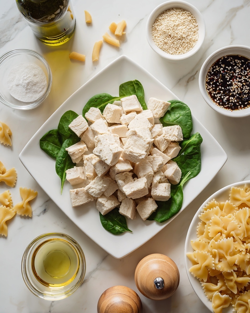 The image shows a square white plate filled with many small, pale cream-colored cubes of cooked chicken stacked in the center. Around the plate, there are fresh bright green spinach leaves spread out. To the top right of the plate is a small white bowl with a dark sauce mixed with sesame seeds. To the top left, there is a small white bowl with white granulated sugar and some small golden-brown pasta pieces scattered nearby. At the bottom left corner, there is a small glass bowl with a light golden liquid, likely oil, and to the far left middle, a dark green bottle of olive oil. On the right side, there are uncooked yellow bowtie pasta pieces, a pair of light wooden salt and pepper grinders, and a small glass container filled with dark dried berries. All items rest on a white marbled surface. Photo taken with an iphone --ar 4:5 --v 7