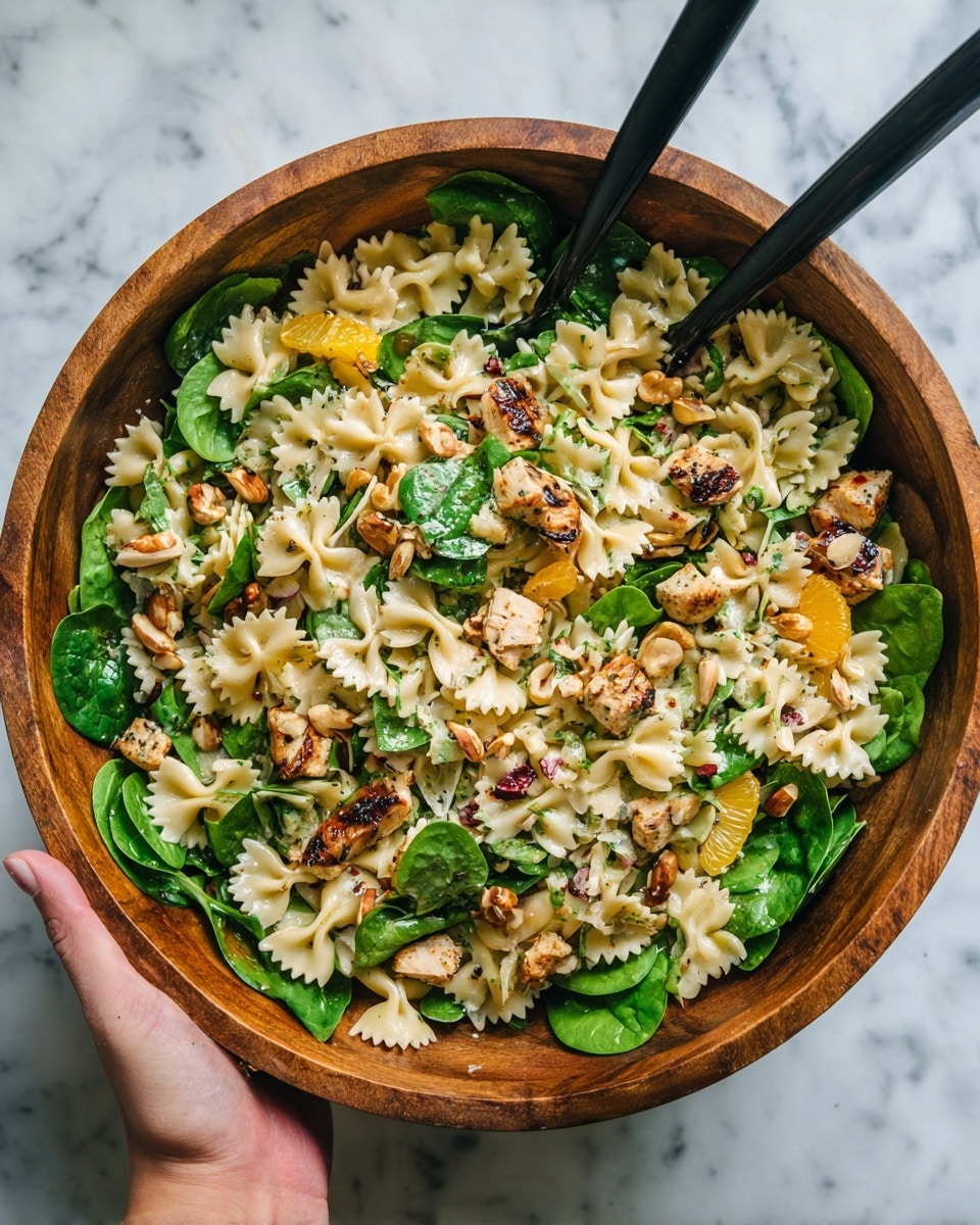 The image shows a large wooden bowl filled with a colorful pasta salad. The salad has three main layers: the bottom layer includes bright green fresh spinach leaves, followed by a middle layer of light tan bowtie pasta mixed evenly throughout. On top and scattered around are orange mandarin slices and golden-brown nut pieces, adding pops of vibrant color. There are also small pieces of grilled chicken with a slightly charred, light brown surface mixed in. The bowl sits on a white marbled surface and two black utensils are placed in the bowl, with a woman's hand holding one of them. Photo taken with an iphone --ar 4:5 --v 7