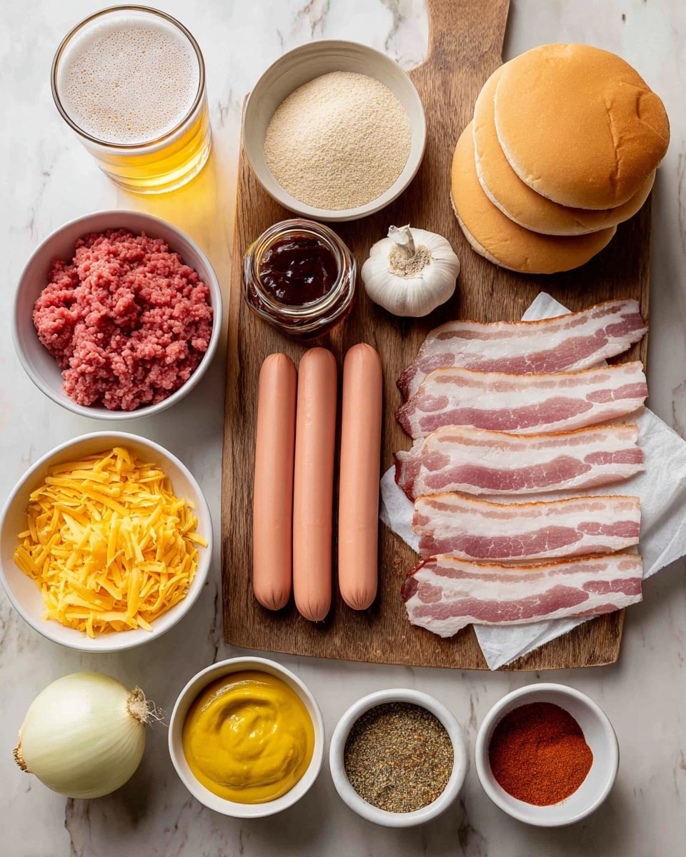 The image shows many ingredients neatly arranged on a wooden board and table with a white marbled texture. There are three raw hot dogs in light pink with smooth surfaces placed in the center on a wooden cutting board, next to a stack of light brown buns. To the right of the hot dogs, there are several strips of uncooked bacon with white fat and pink meat laid flat on a white wrapper. Below, a bowl holds shredded yellow cheese. Above the hot dogs, three cloves of garlic and a small glass jar with dark sauce sit close together. To the left, a white bowl is filled with bright red raw ground meat, and above it, another white bowl contains light beige crumbs. Below, a white onion with smooth skin rests near a small white bowl. There is also a small bowl with smooth yellow mustard and a round bowl with mixed spices in red, black, and brown shades. A partially visible yellow and red tube of tomato paste lies next to the spices. At the top left, a glass of light golden beer with bubbles is placed. photo taken with an iphone --ar 4:5 --v 7