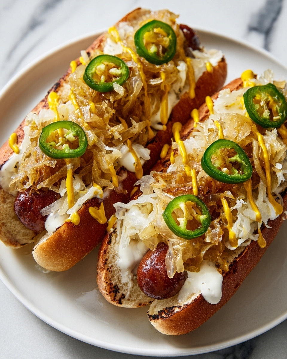 Two hot dogs are placed side by side on a white plate with a white marbled texture surface. Each hot dog has a toasted bun filled with a grilled sausage at the bottom, topped with white creamy sauce spread evenly. On top of the sauce, there are caramelized onions, light yellow sauerkraut, and several slices of green jalapeño peppers. Yellow mustard is drizzled in thin stripes over the top, adding a contrast color. The image focuses closely on the hot dogs showing detailed textures of the sauces, vegetables, and bun. Photo taken with an iphone --ar 4:5 --v 7