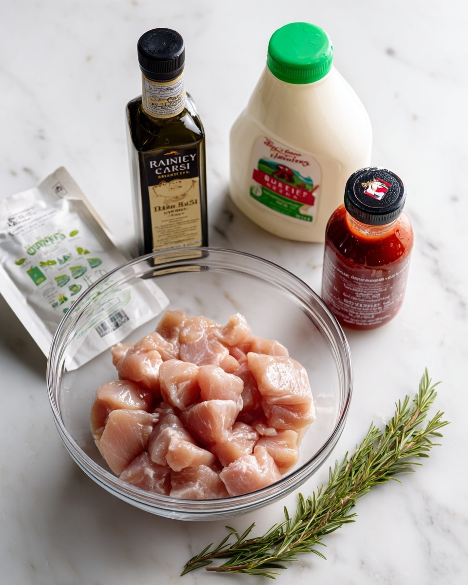A clear glass bowl holds several pieces of raw chicken chunks with a light pink color and smooth texture, sitting on a white marbled surface. Below the bowl is a bottle of dark olive oil with a black and beige label. To the right of the bowl is a white packet of green and white ranch seasoning with simple illustrations. Above the bowl is a large white plastic bottle of creamy buttermilk with a green cap and green and red label. To the right of the oil and ranch seasoning is a small glass bottle of red hot sauce with a black cap and a red and white label. A sprig of fresh green rosemary lies diagonally across the middle of the setup. The photo taken with an iphone --ar 4:5 --v 7