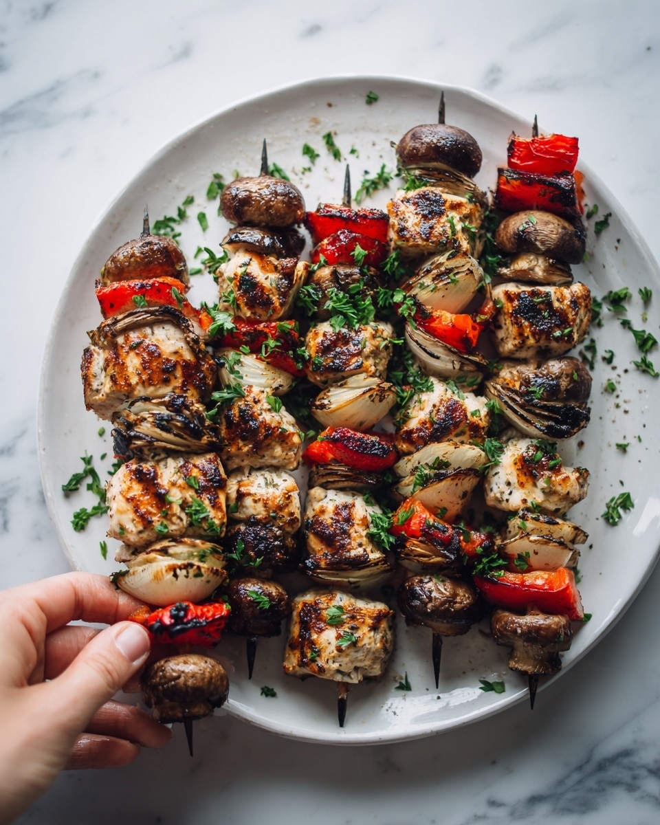 The image shows several skewers of grilled kebabs arranged on a large white plate. Each skewer has four layers: pieces of grilled white chicken meat with brown grill marks, bright red bell pepper chunks, light brown mushrooms, and large white onion sections, all cooked and slightly charred. The skewers are sprinkled with fresh green herbs. A woman's hand is holding one skewer from the top left side of the plate. The plate sits on a white marbled surface. photo taken with an iphone --ar 4:5 --v 7