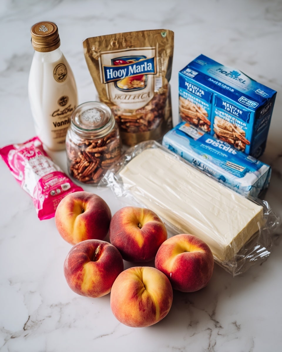 The image shows ingredients arranged neatly on a white marbled surface, including six ripe peaches with reddish-yellow skin in the foreground. Behind the peaches, there is a clear bottle of pure vanilla, a brown bag of pecan chips, a small glass jar, a blue box of Honey Maid graham crackers, a white and blue carton of heavy whipping cream, a pink bag of powdered sugar, two blocks of cream cheese wrapped in foil, and two sticks of butter wrapped in white paper. The items are positioned to show their labels clearly and are evenly spaced, creating a balanced and colorful composition. photo taken with an iphone --ar 4:5 --v 7