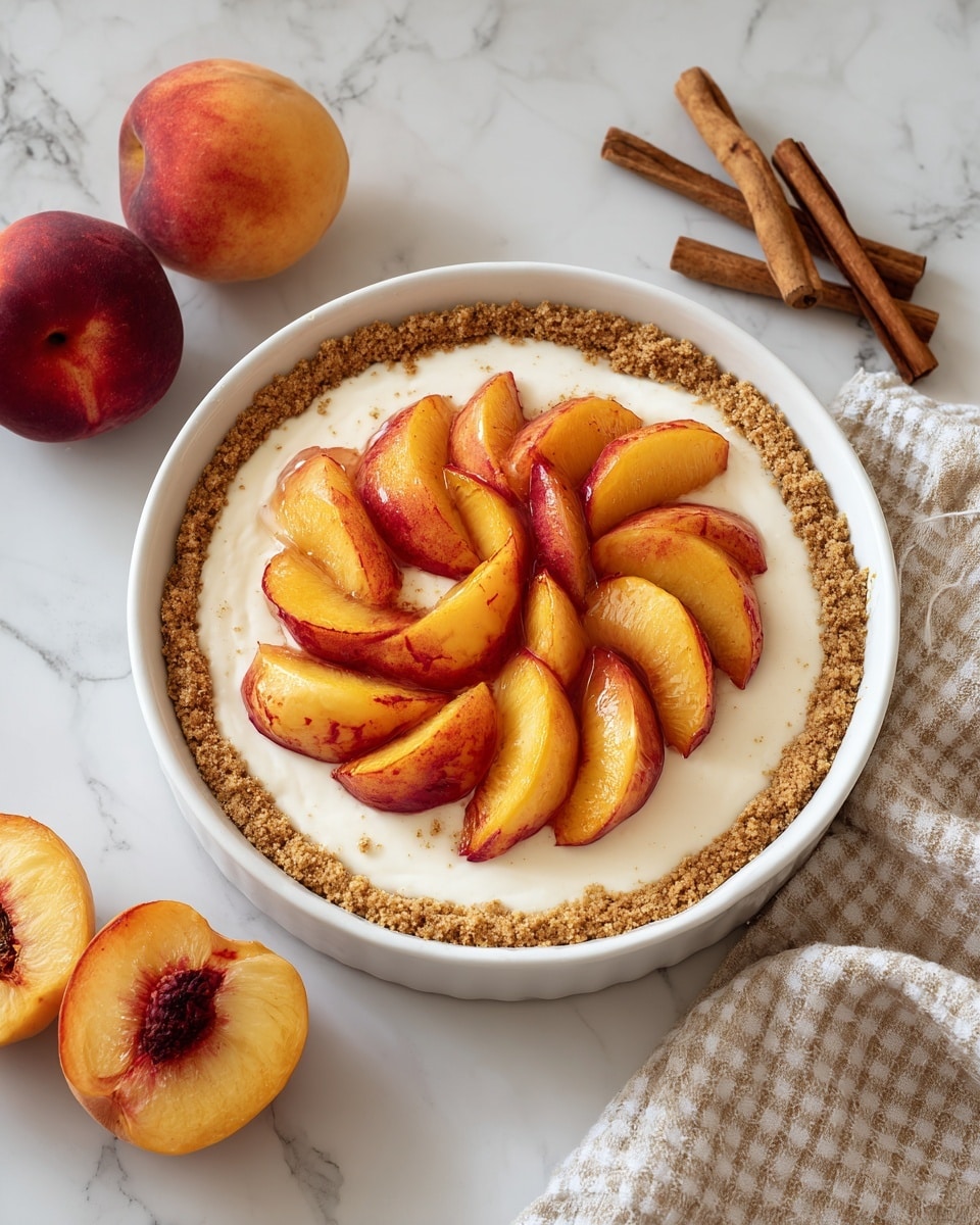 This image shows a dessert in a white circular dish with a textured light brown crumb crust as the first layer. Inside the crust is a smooth, creamy white layer that fills most of the dish. On top, there is a pile of golden-orange peach slices, some with reddish spots, arranged in the center in a slightly uneven stack. The dish is placed on a white marbled surface, with whole and halved peaches nearby, along with cinnamon sticks and a beige checkered cloth. Photo taken with an iphone --ar 4:5 --v 7