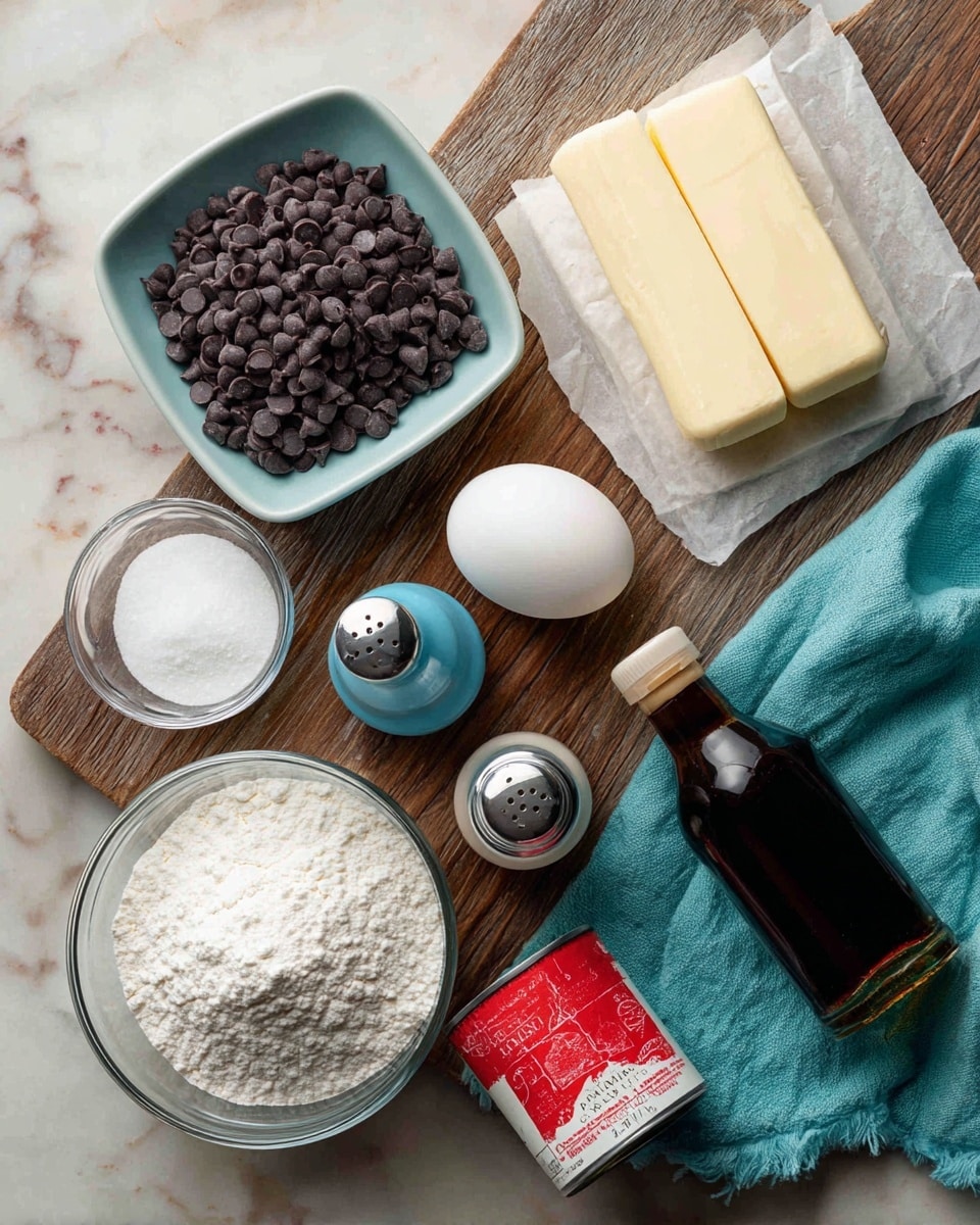 The image shows a wooden textured surface with several baking ingredients neatly placed on it. On the top left, there is a small clear square bowl filled with dark chocolate chips. Near the top right, there are two sticks of butter wrapped in paper. Below the butter and to the right, there is a white egg and a small silver salt shaker. Near the center, there are two small bottles of food coloring, one blue and one red. Below them, there is a red and white can of baking powder. On the bottom right, there is a dark bottle of vanilla extract sitting on a turquoise cloth. On the left side, there are two clear glass bowls with white sugar in one and white flour in the other, with the flour bowl slightly bigger and located lower in the frame. The surface beneath all items is a white marbled texture. photo taken with an iphone --ar 4:5 --v 7