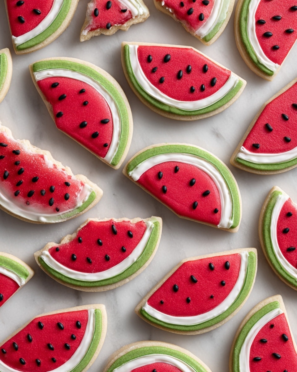 The image shows many cookies shaped like watermelon slices scattered on a white marbled surface. Each cookie has three visible layers: the top red layer with small black seed-like dots, the middle thin white layer, and the bottom thick green layer. The red layer is smooth with tiny black oval details to look like seeds. Some cookies show small crisp bites taken out of the curved edges. The cookies are arranged randomly but evenly spread out. photo taken with an iphone --ar 4:5 --v 7