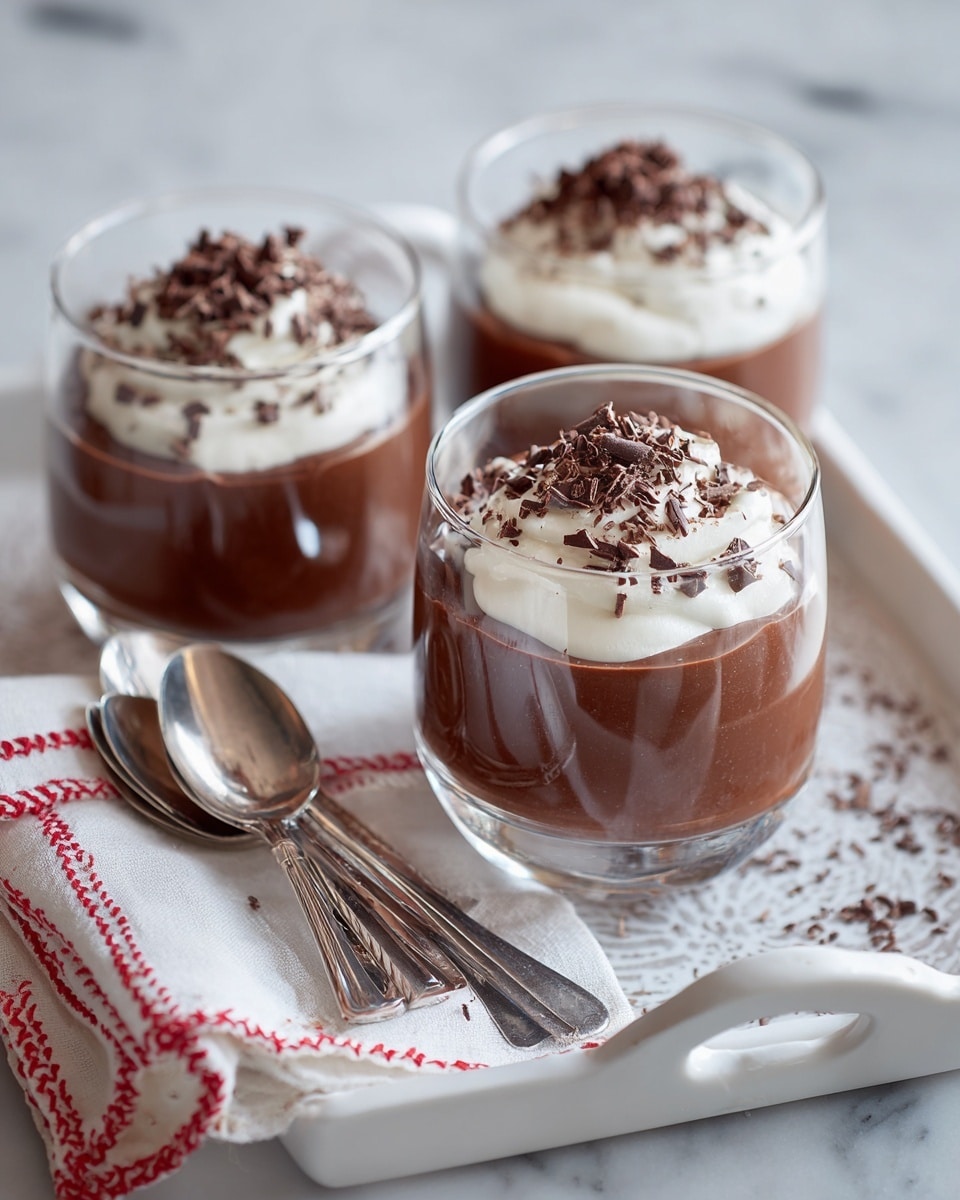 The image shows three clear glasses filled with two layers: a thick dark brown chocolate layer at the bottom and a light whipped cream layer on top. Each glass is garnished with small chocolate shavings scattered over the whipped cream. The glasses are placed on a white tray with a subtle pattern on a white marbled surface. A white napkin with red stripes and two silver spoons are beside the tray. A woman’s hand is gently holding one of the glasses. Photo taken with an iphone --ar 4:5 --v 7