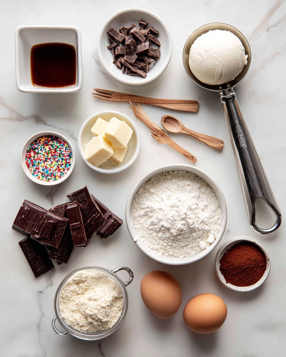 The image shows various baking ingredients on a white marbled surface. There is a white small square bowl with dark brown liquid on the top left and next to it a white small round bowl filled with chopped dark chocolate. To the right, a metal ice cream scoop holds a ball of white cream above a white small round bowl. Below, a metal measuring cup filled with white flour is placed beside several thick dark brown chocolate chunks. A small white square bowl holds colorful sprinkles in the center. A metal measuring cup with beige powder and a small white round plate with two small rectangular butter pieces are near two brown eggs. A wooden spoon with reddish brown cocoa powder rests in a small white bowl, and a small wooden spoon with a light brown powder is placed next to it. photo taken with an iphone --ar 4:5 --v 7