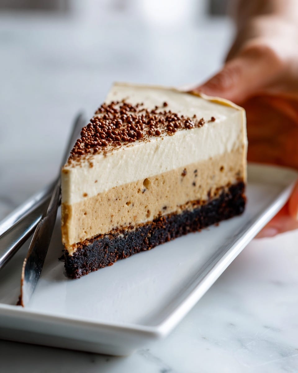 A slice of dessert with three clear layers sits on a white rectangular plate on a white marbled surface. The bottom layer is a dark, crumbly crust that forms the base. The middle layer is a thick, creamy light brown filling with some dark specks scattered inside it. The top layer is a smooth, pale cream topping that spreads slightly over the edges, covered with small brown sprinkles. A fork and knife rest beside the slice on the plate, and a woman's hand gently holds the plate at one side. Photo taken with an iphone --ar 4:5 --v 7