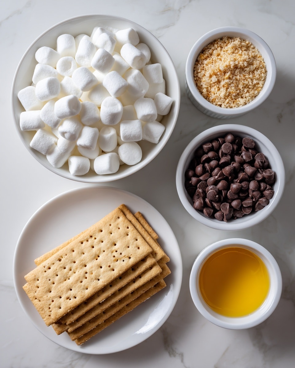 The image shows five white ceramic containers arranged on a white marbled surface. At the center bottom, a white plate holds a stack of light brown rectangular crackers with small holes and slightly rough texture. Above the plate, to the left, a large white bowl is filled to the top with many small, white, fluffy mini marshmallows. To the right of the bowl, three smaller white cups each contain different ingredients: the top cup holds a light brown crumbly powder, the middle cup is filled with glossy, dark brown chocolate chips looking smooth and round, and the bottom cup contains a golden yellow liquid with a slightly thick texture. The arrangement is neat and the lighting is soft and natural. photo taken with an iphone --ar 4:5 --v 7